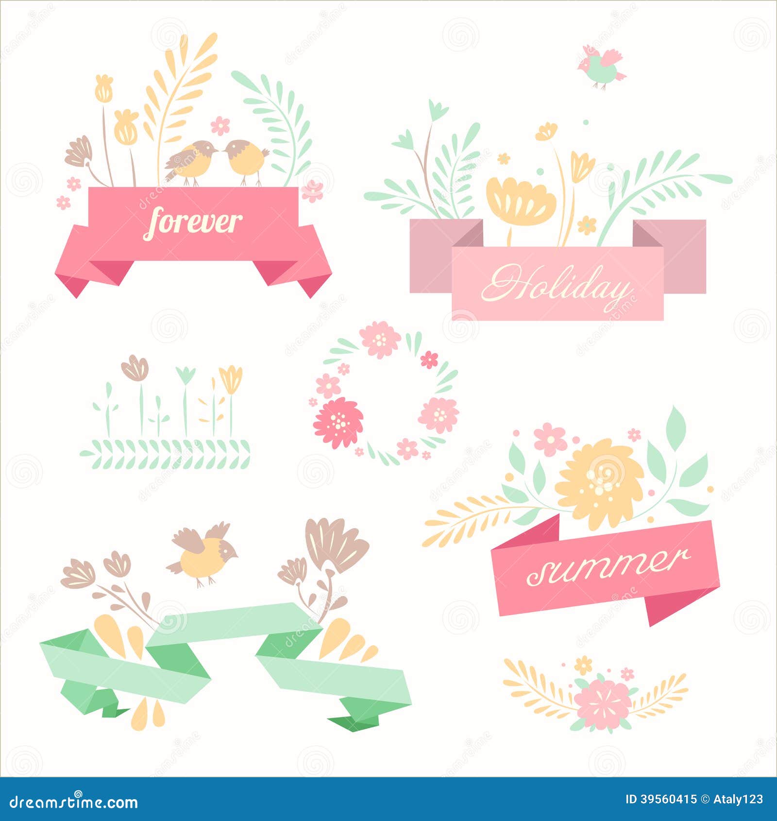 vector ribbon banners retro style summer naive cute hand painted floral pictures decorative set invitations 39560415