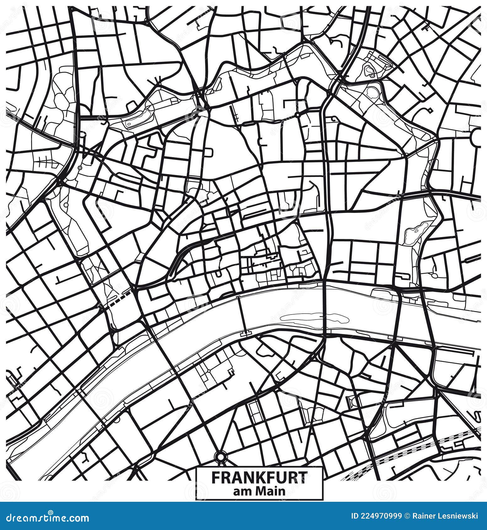 Vector Road Map Black and White of Downtown Frankfurt am Main, Germany