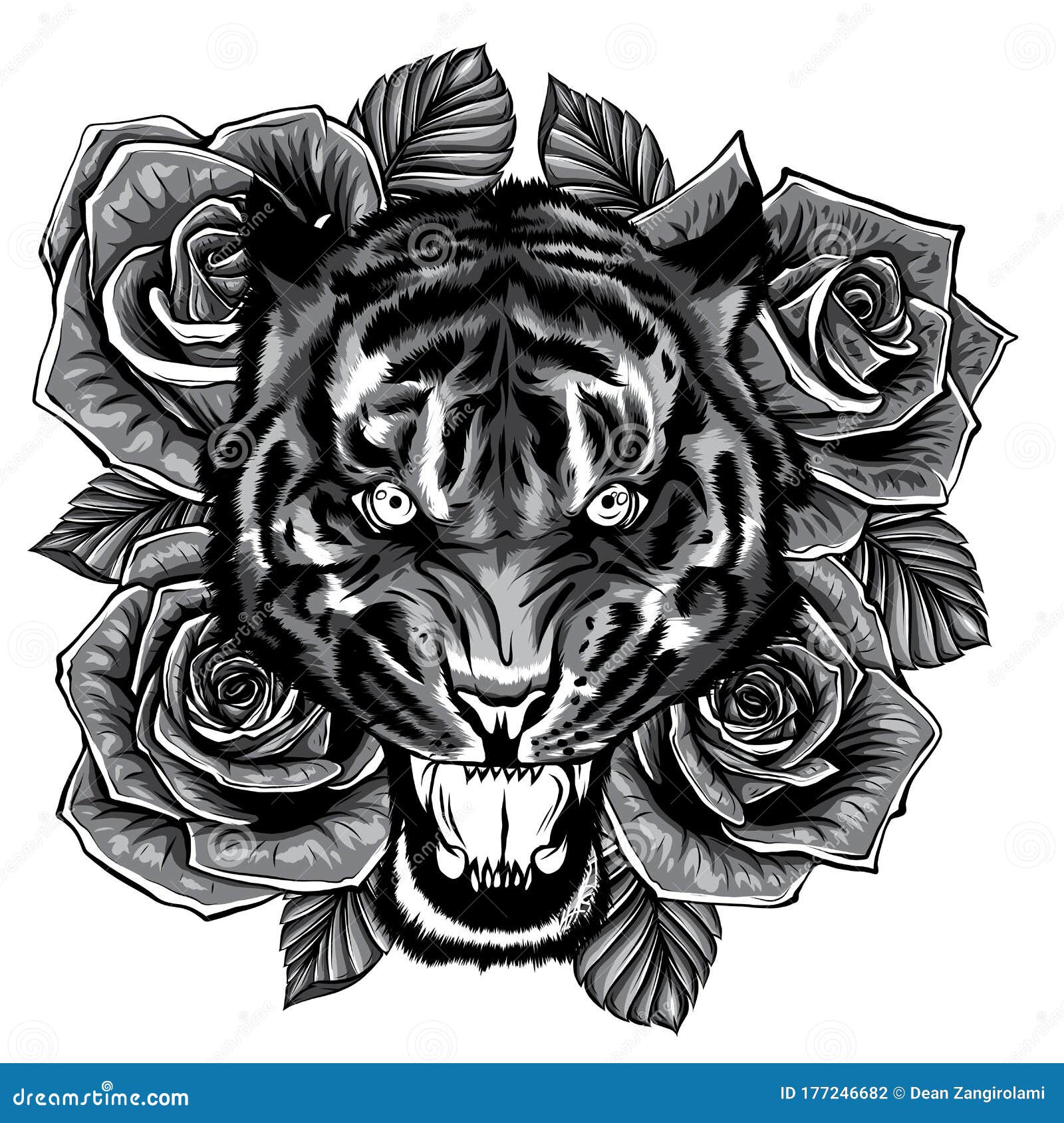 Vector Illustration of Roaring Tiger Head and Roses Tattoo Stock Vector -  Illustration of animal, drawing: 177246682