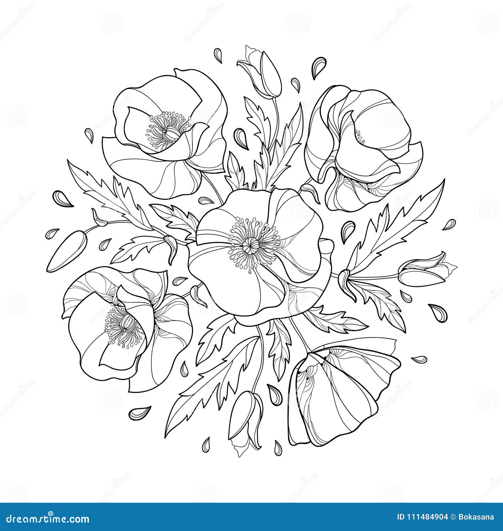 Download Vector Round Bouquet With Outline Poppy Flower Bunch, Bud ...