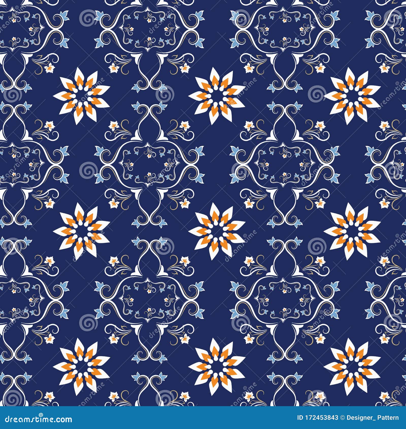 Vector Royal Blue, Orange, White Damask Seamless Pattern Background Stock  Vector - Illustration of antique, carpet: 172453843