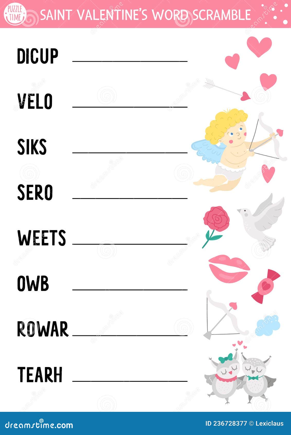 vector saint valentine word scramble activity page english language game with cupid heart rose loving pair for kids love stock vector illustration of heart cloud 236728377