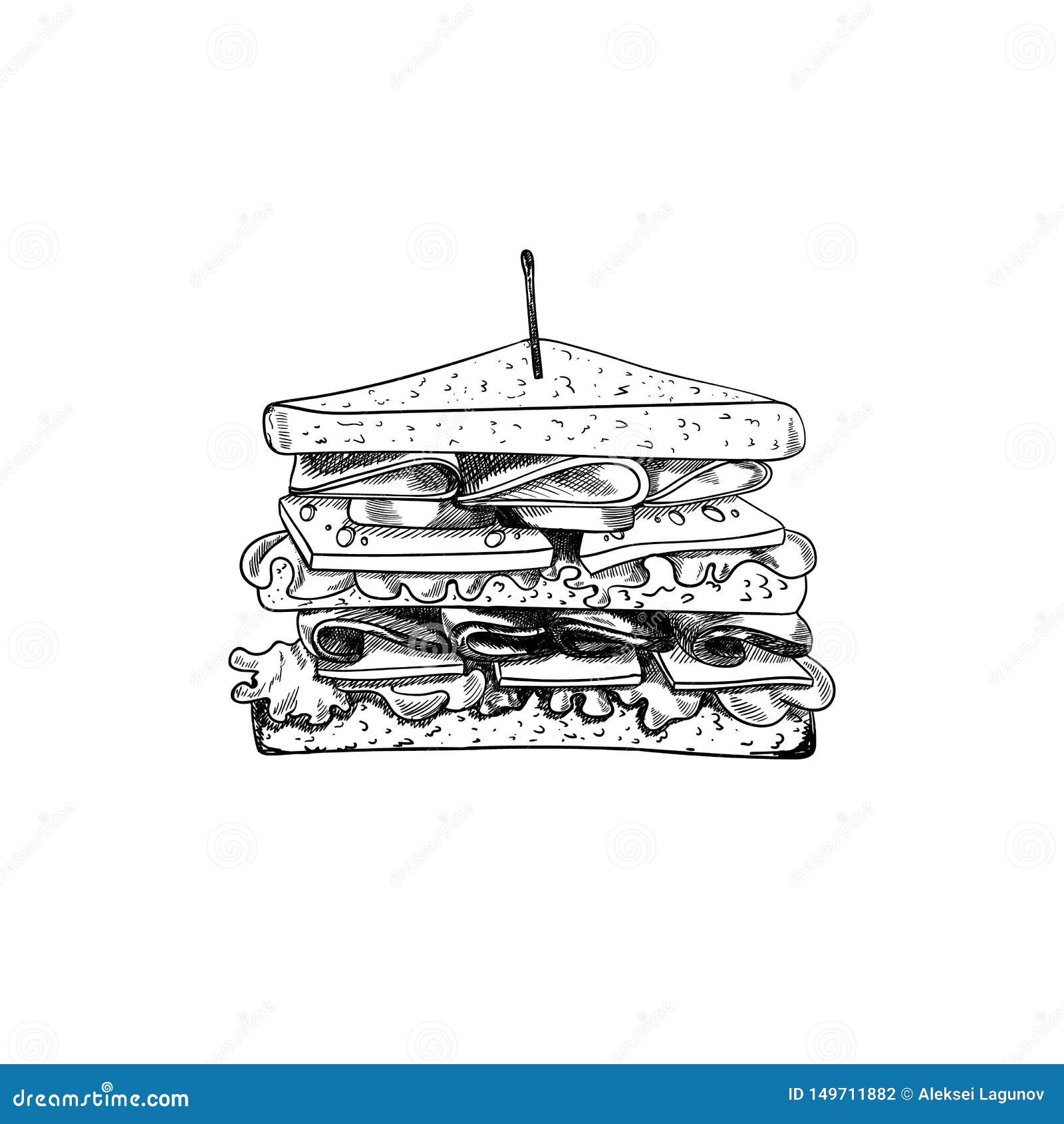 Triangle Sandwich with Lettuce, Ham, Cheese and Tomato Slices. Hand Drawn  Sketch Style. Grilled Bread Stock Vector - Illustration of meat, breakfast:  145135168