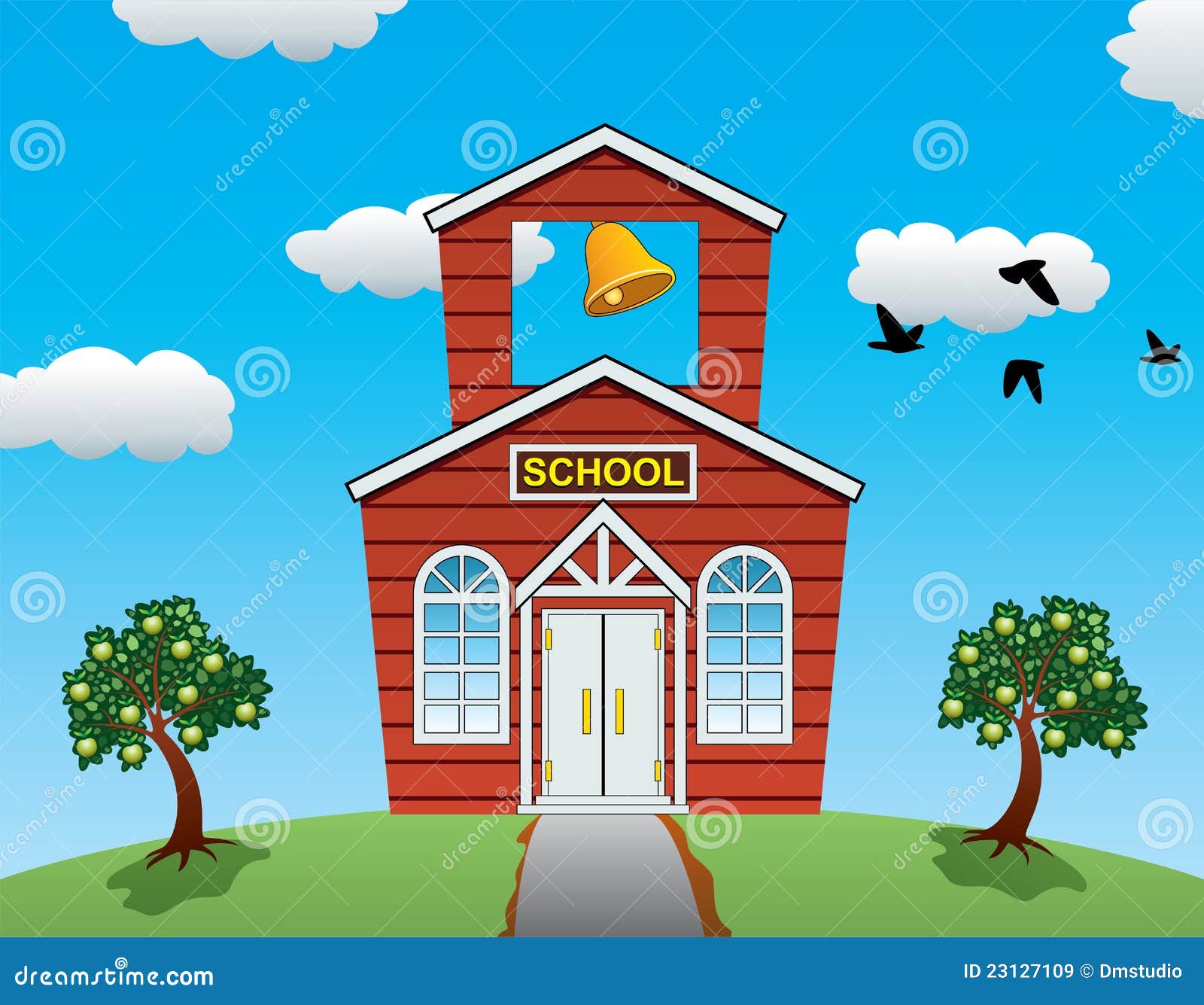 Vector School House, Apple Trees, Clouds and Birds Stock Vector
