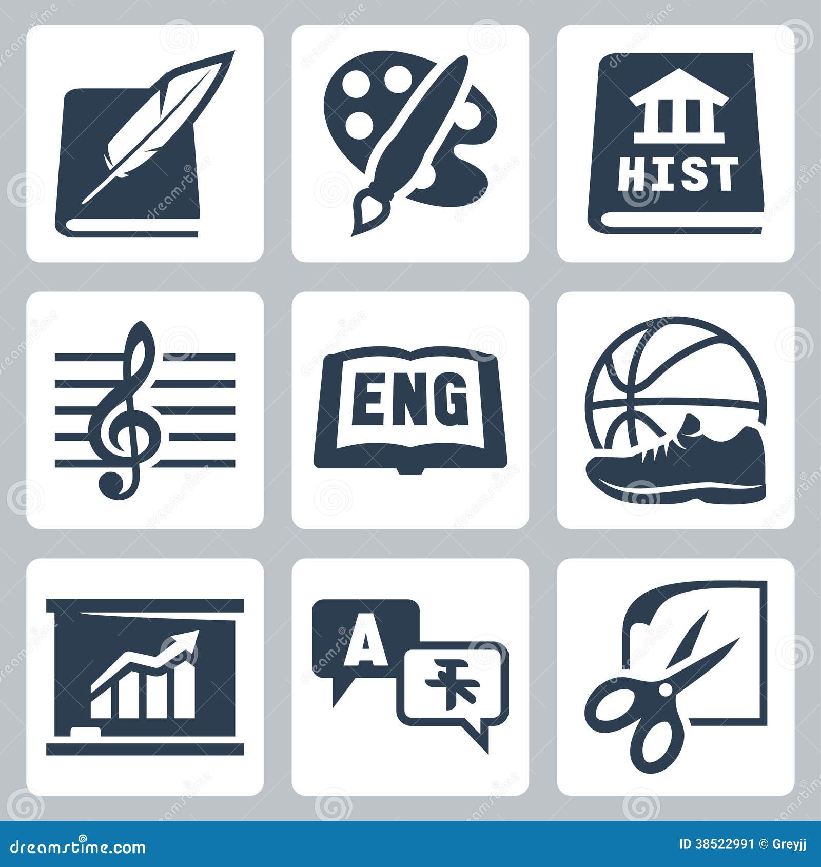  school subjects icons set: literature, art, history, music, english, pe, economics, foreign languages, crafts