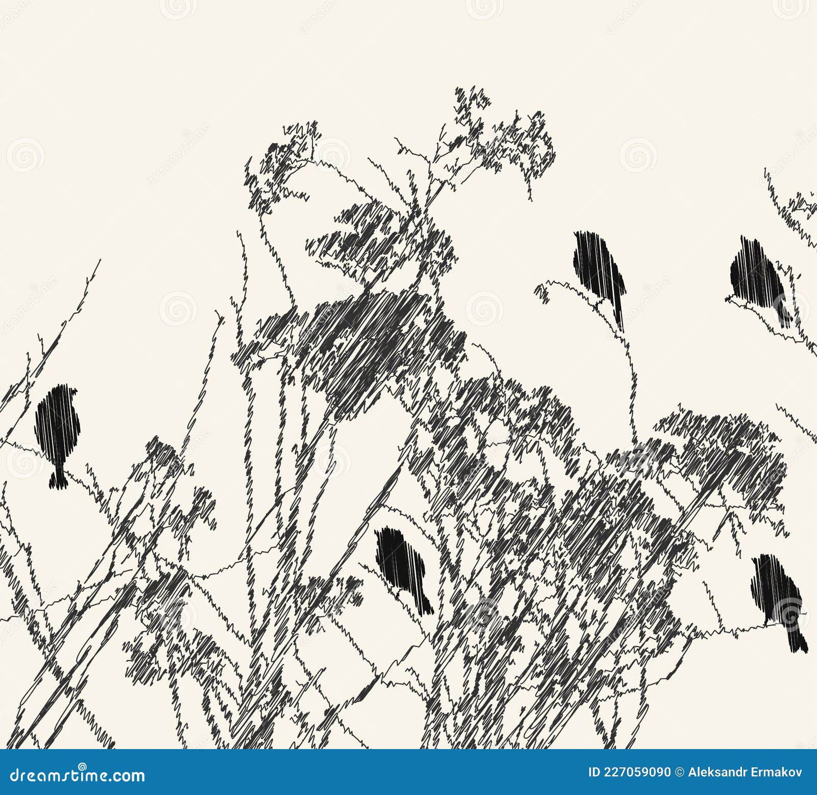 Vector Scribble Drawing of Silhouettes Birds Sitting on Dry Wildflowers