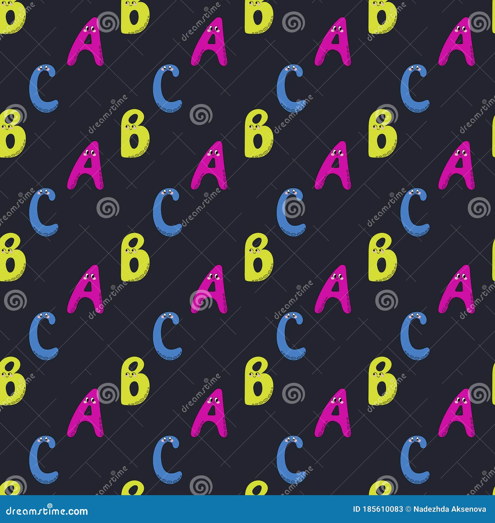 Vector Seamless Background With Cheerful Bright Letters A B C, Kawaii ...