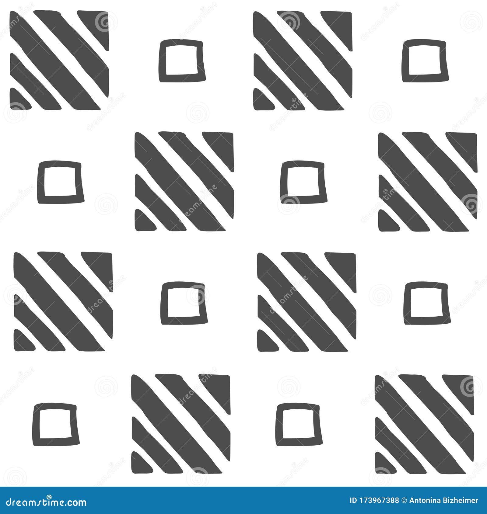 Vector Seamless Black and White Geometric Pattern of Handdrawn Squares and Diagonal Stripes