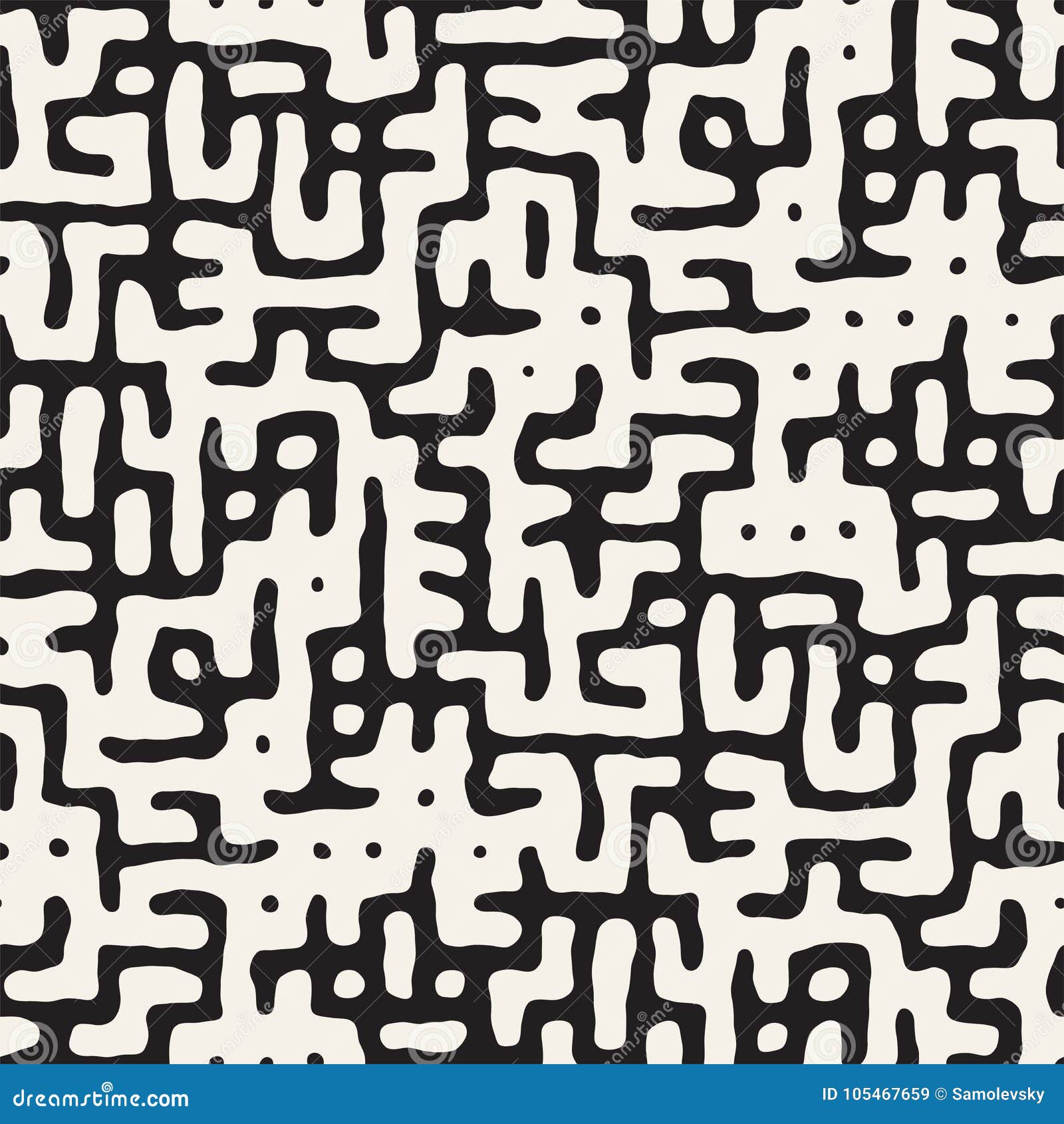 Vector Seamless Black and White Rounded Irregular Maze Pattern