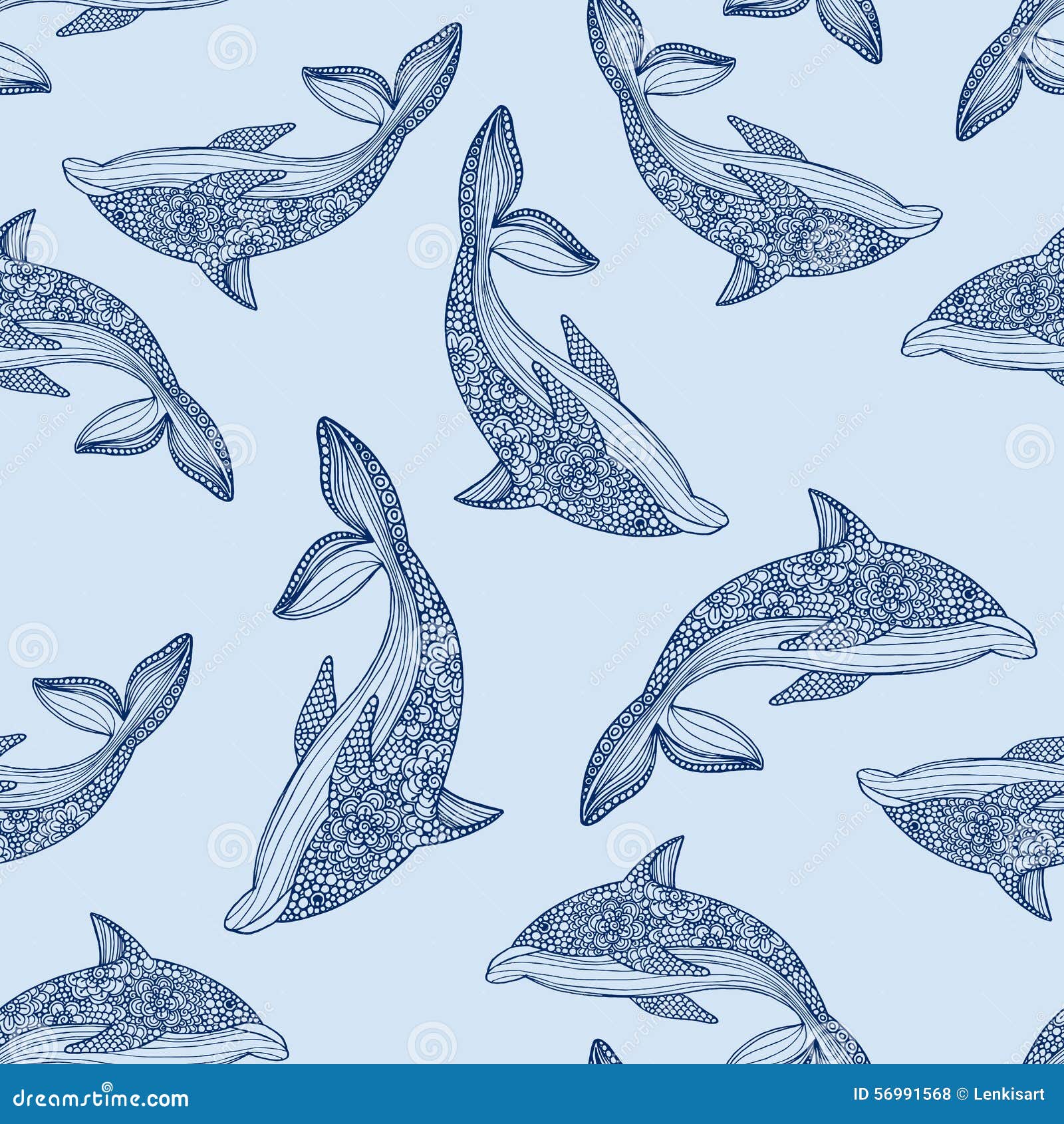 Vector Seamless Blue Dolphin Pattern with Hand Drawn Dolphin Doodle