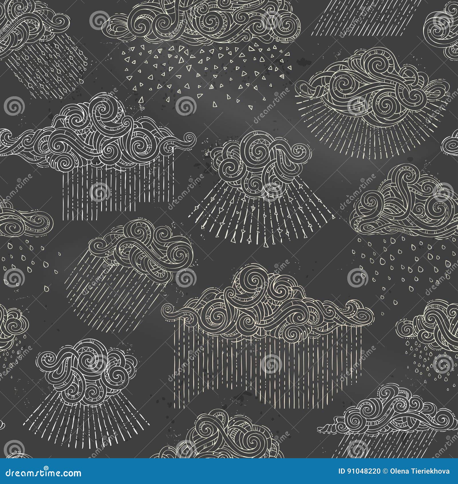 Vector Seamless Chalk Pattern of Rain Clouds. Stock Vector