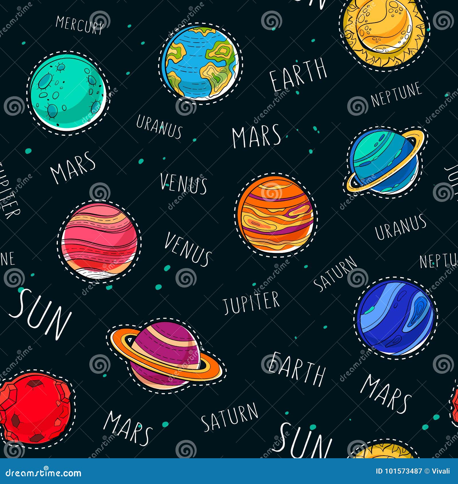 Vector Seamless Cosmic Pattern In Cartoon Style Solar
