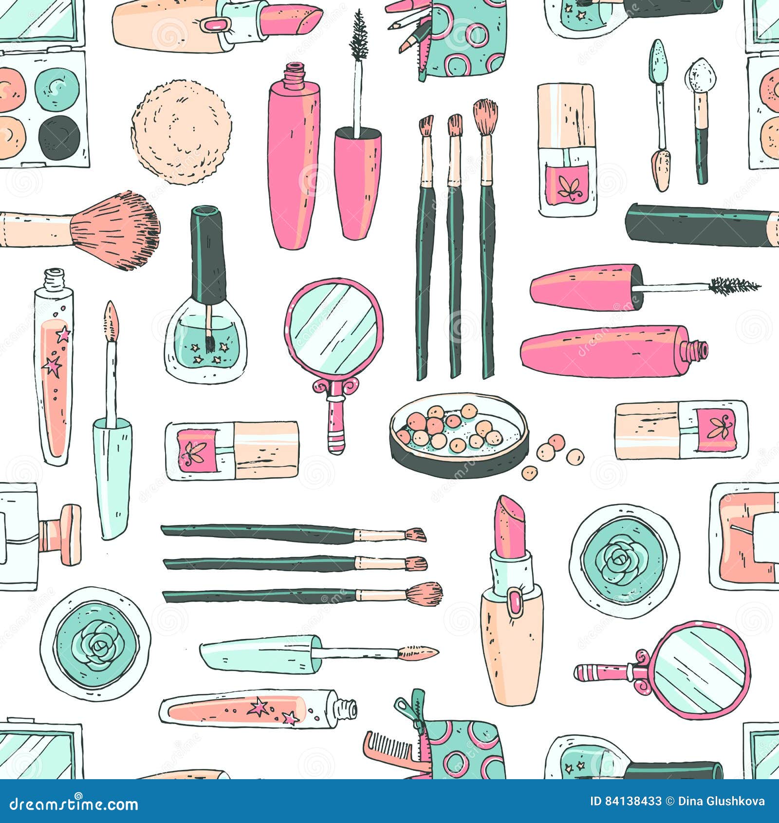 Vector Seamless Doodle Pattern With Cosmetic Tools Pastel Color