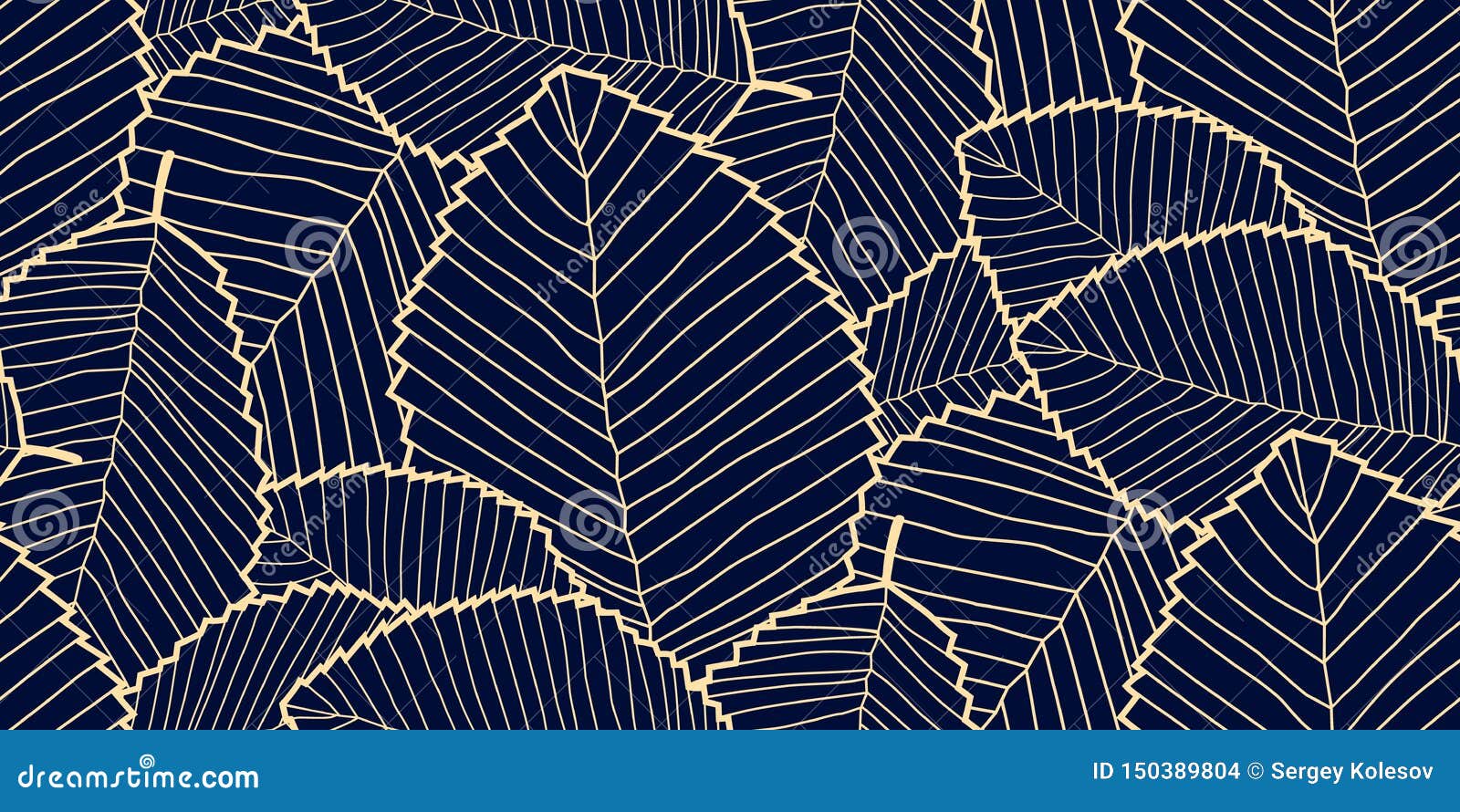 Vector Seamless Leafs Pattern Dark Blue and Gold Stock Vector