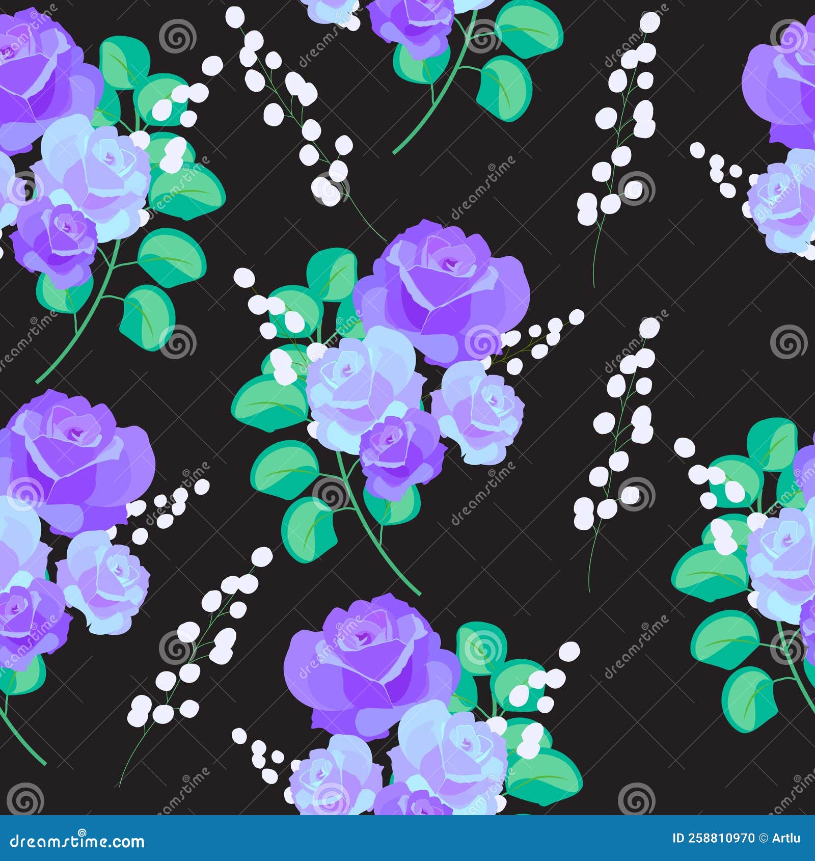 Vector Seamless Pattern with Abstract Purple Roses on Black, Floral