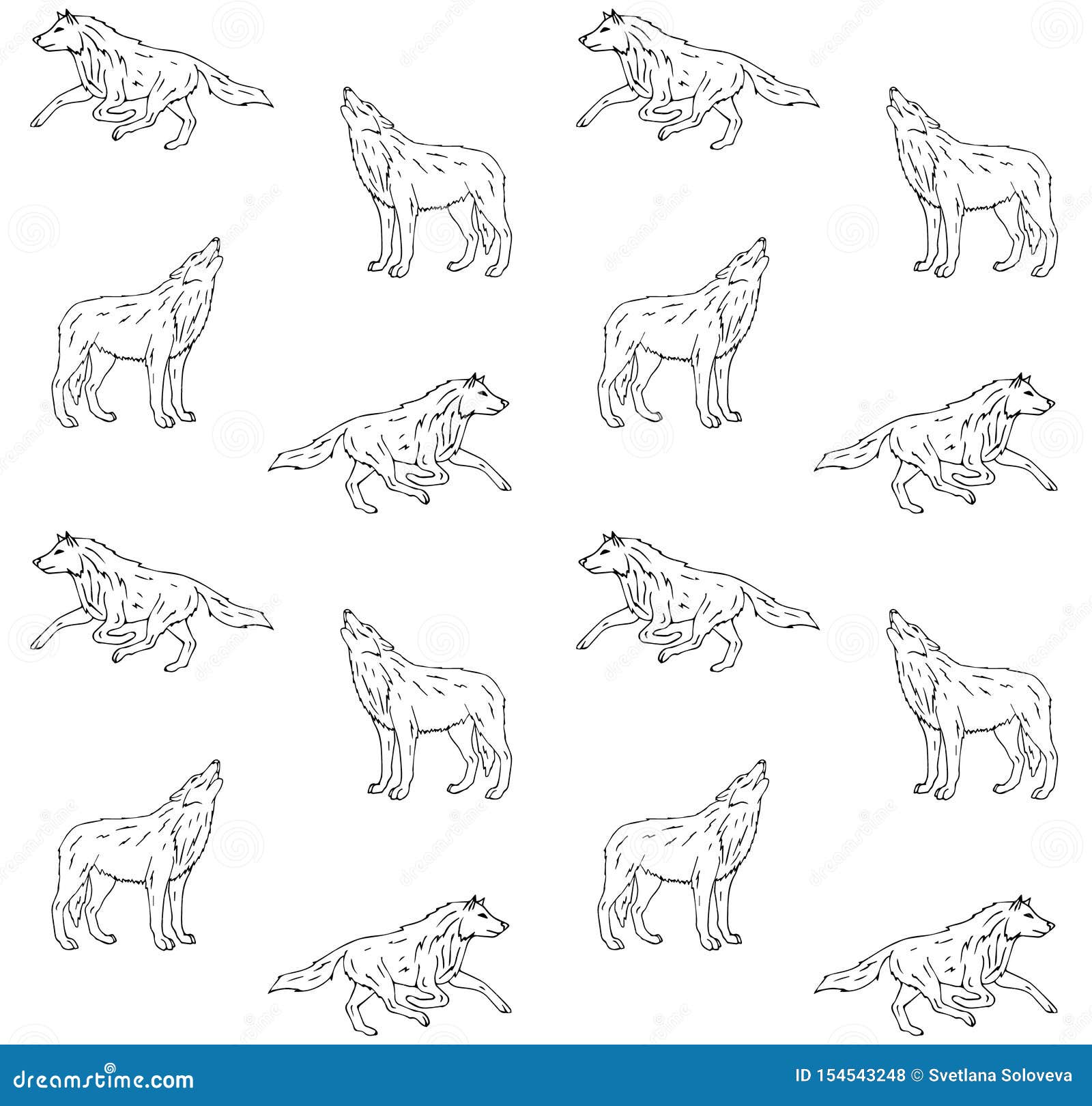 Vector Seamless Pattern Of Black Hand Drawn Wolf Stock Vector ...