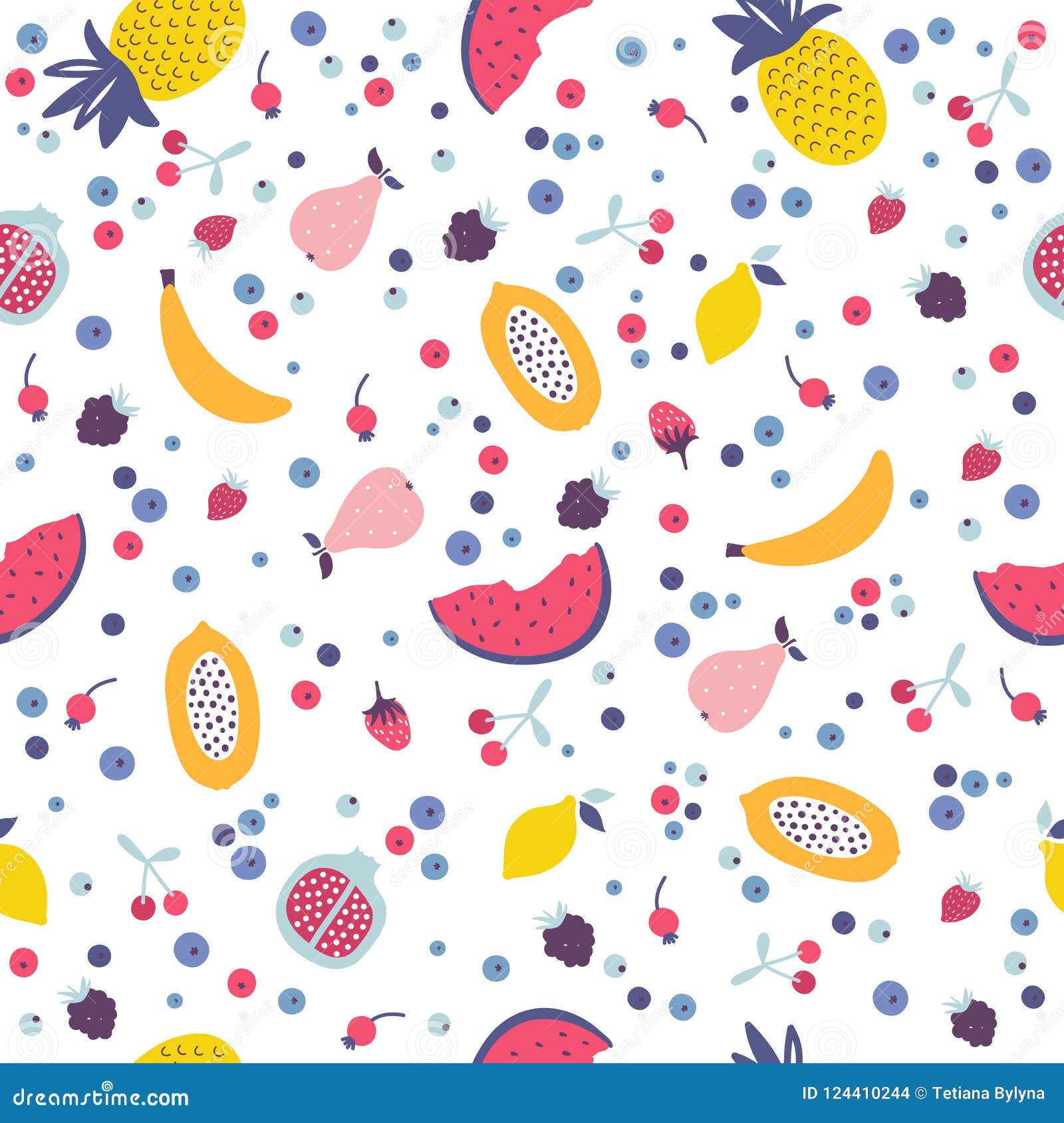 Vector Seamless Pattern with Cartoon Fruits and Berries. Stock Vector -  Illustration of fruit, object: 124410244