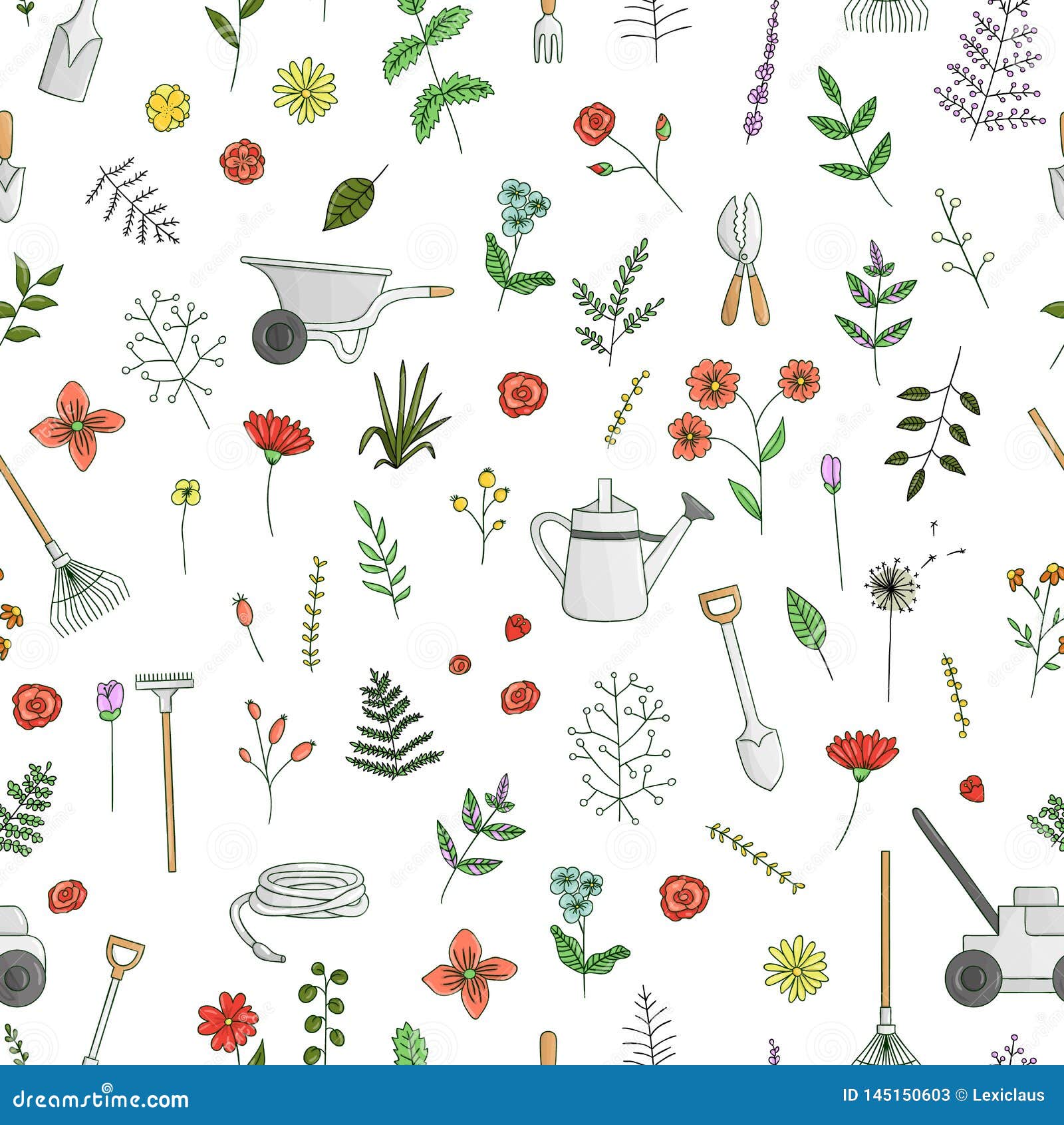 Vector seamless pattern of colored garden tools, flowers, herbs, plants. Repeat background of equipment for gardening. Cartoon style