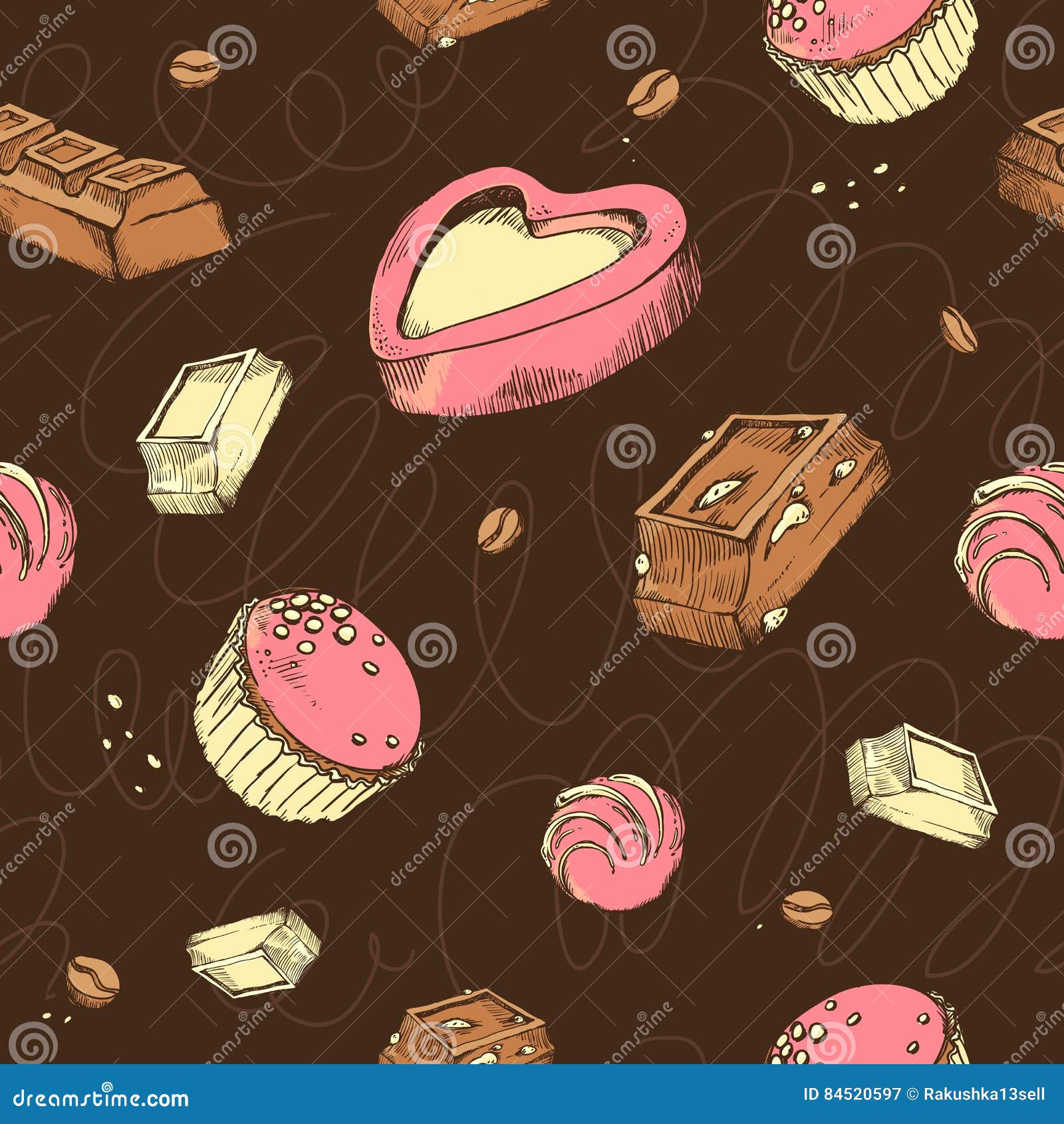  seamless pattern of colored sketches chocolates. sweet rolls, bars, glazed, comfit, cocoa beans. handmade letters