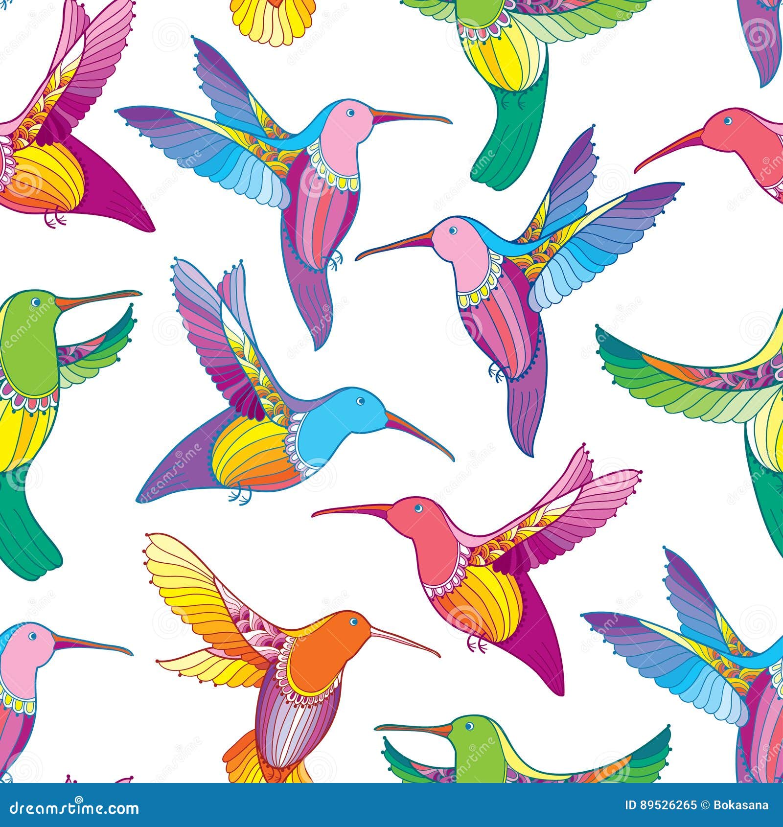  seamless pattern with colorful flying hummingbird or colibri in contour style on the white background. exotic tropical bird