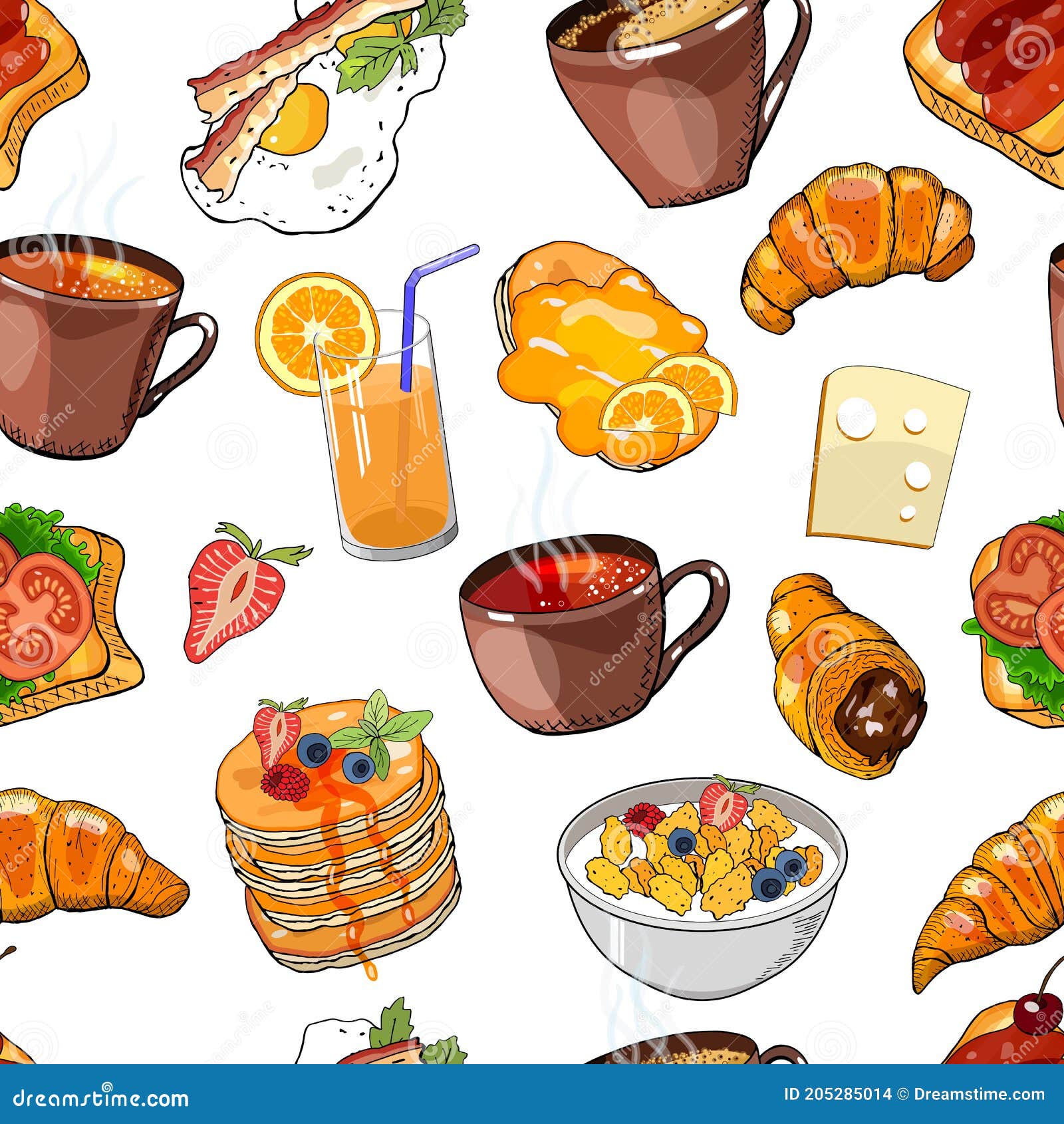  seamless pattern with cups of coffee, tea, fried eggs and different food