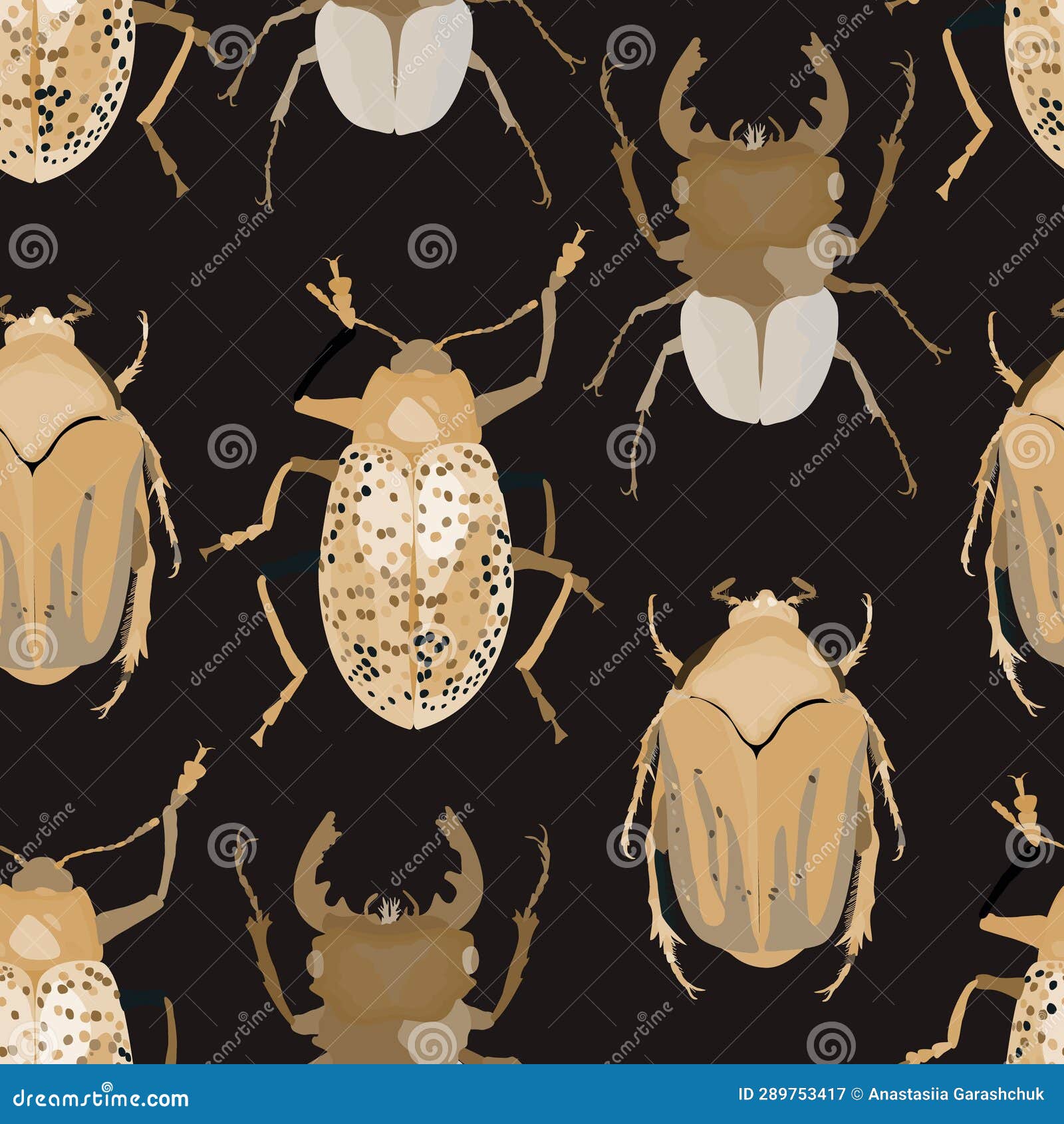 Vector Seamless Pattern with Different Beige Bugs on Black Background ...