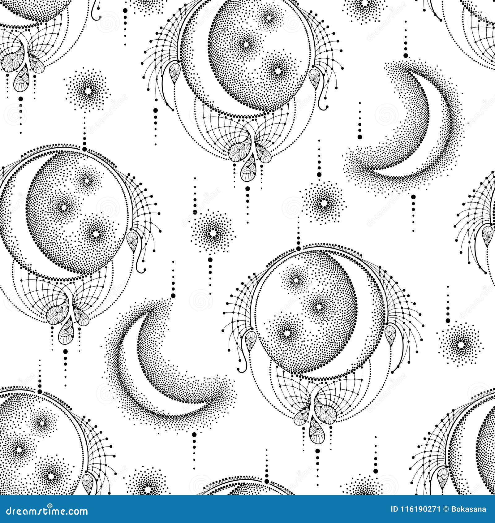 Vector Seamless Pattern With Dotted Half Moon Star And Ornate