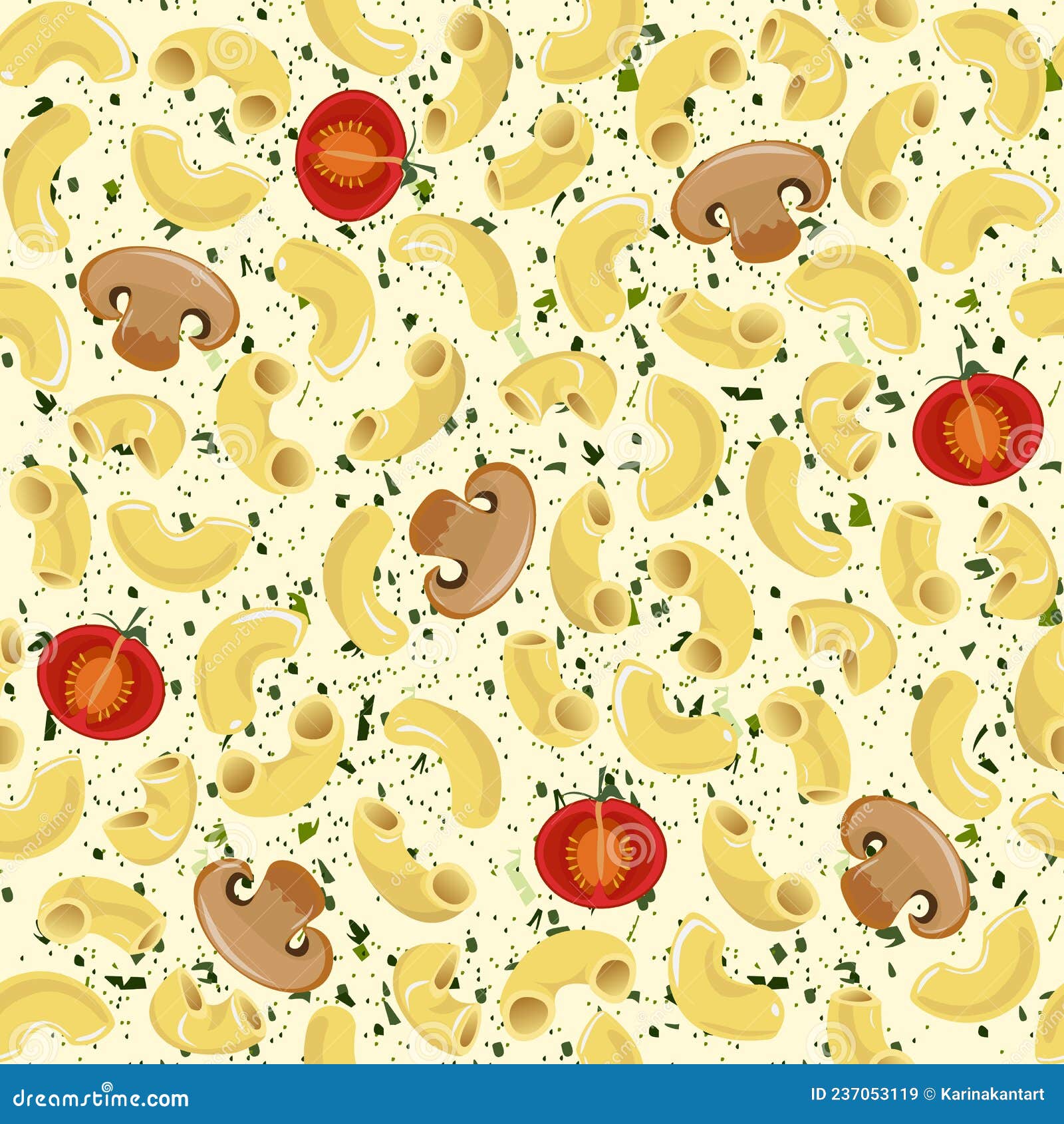 Vector Seamless Pattern of Elbow Pasta with Champignon Mushrooms