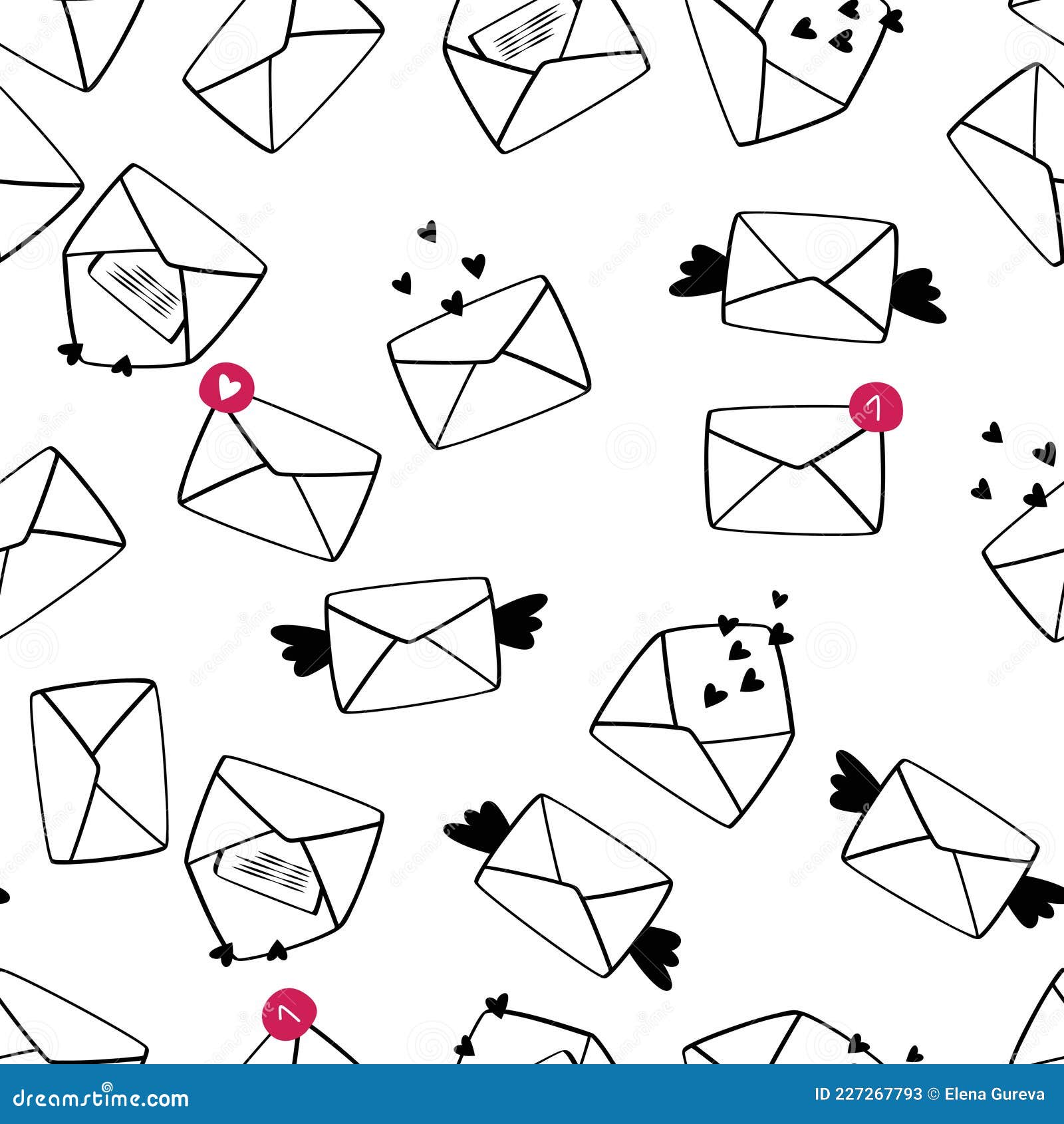 Vector Seamless Pattern with Envelopes and Hearts. Black and White Love