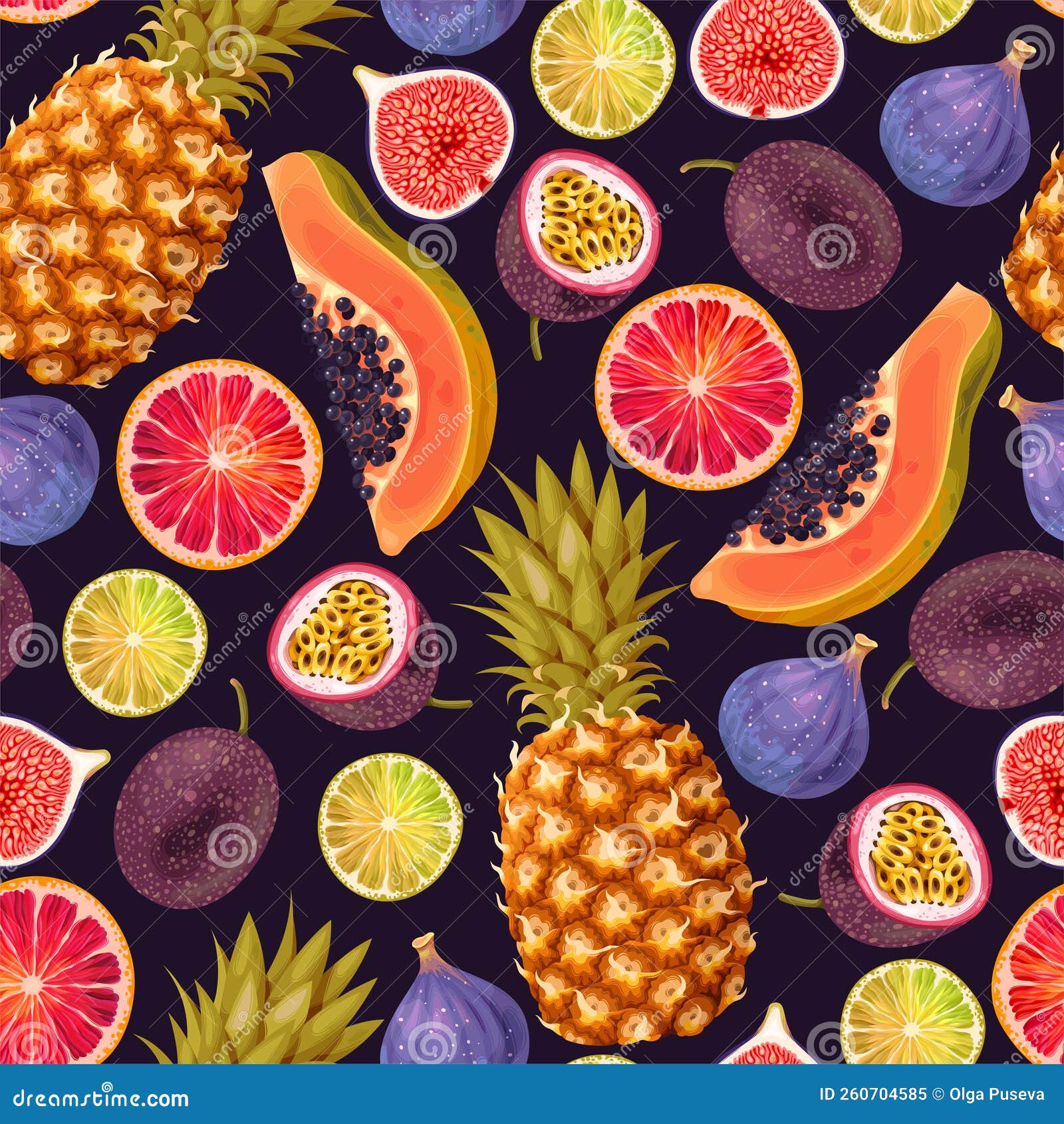 Vector Seamless Pattern with Exotic Fruit Slices Stock Vector