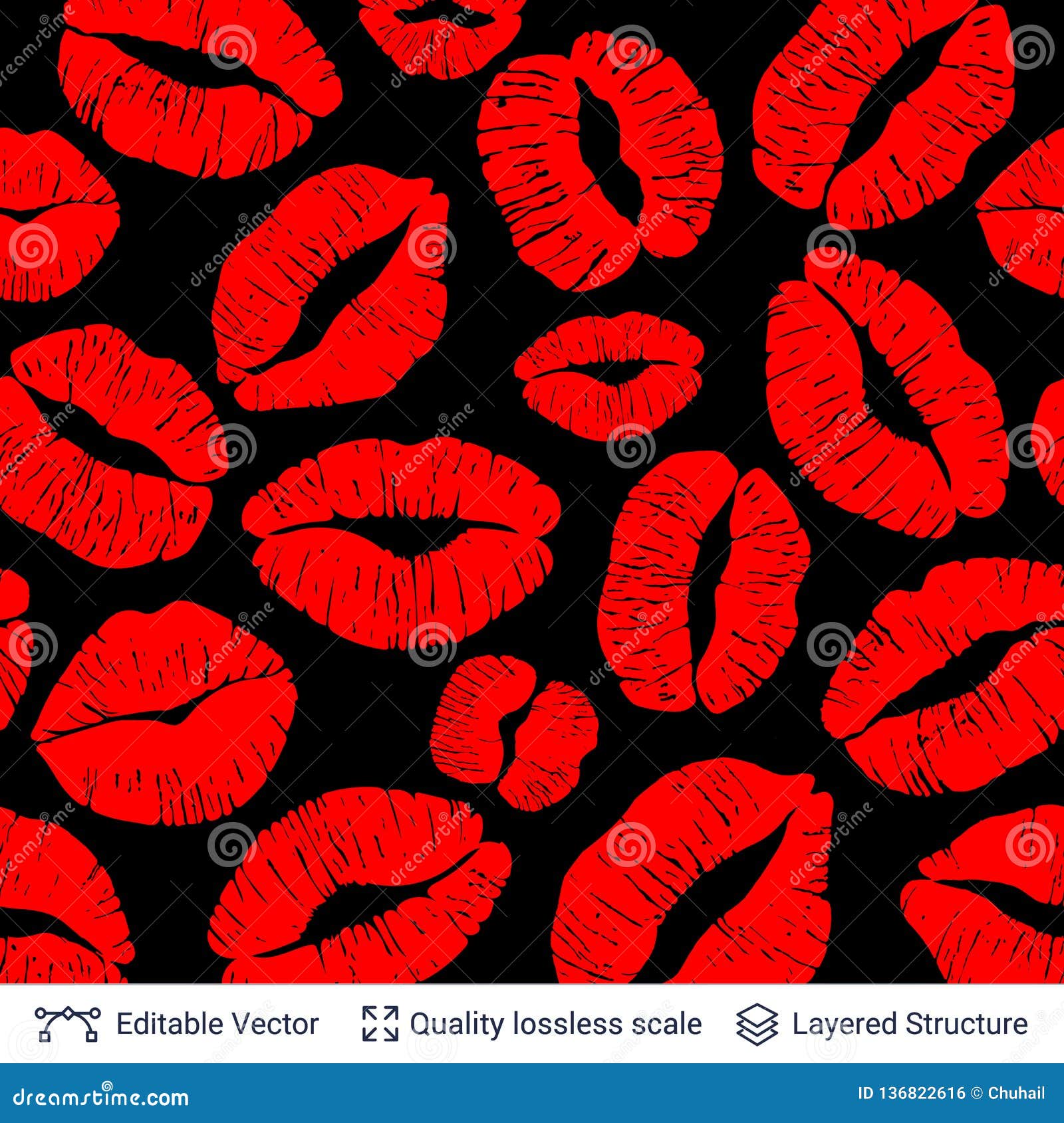Red Lips Print Isolated on Black Background. Stock Vector