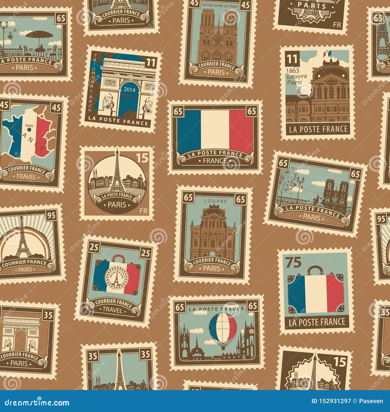 Vector Seamless Pattern with French Postage Stamps Stock Vector