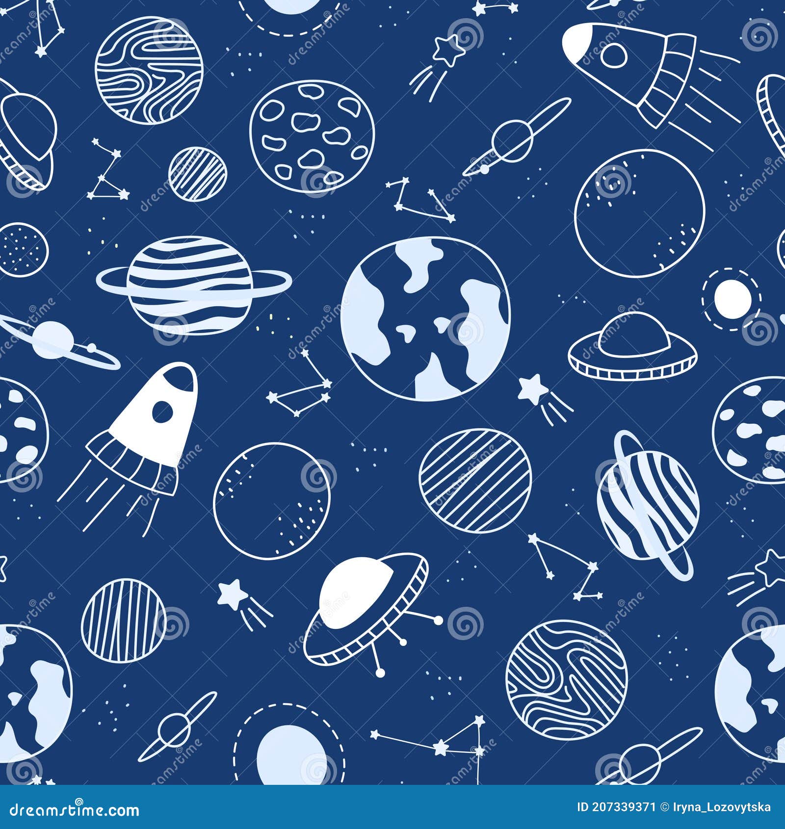 Vector Seamless Pattern on Galaxy Theme, Space Elements Doodle on ...