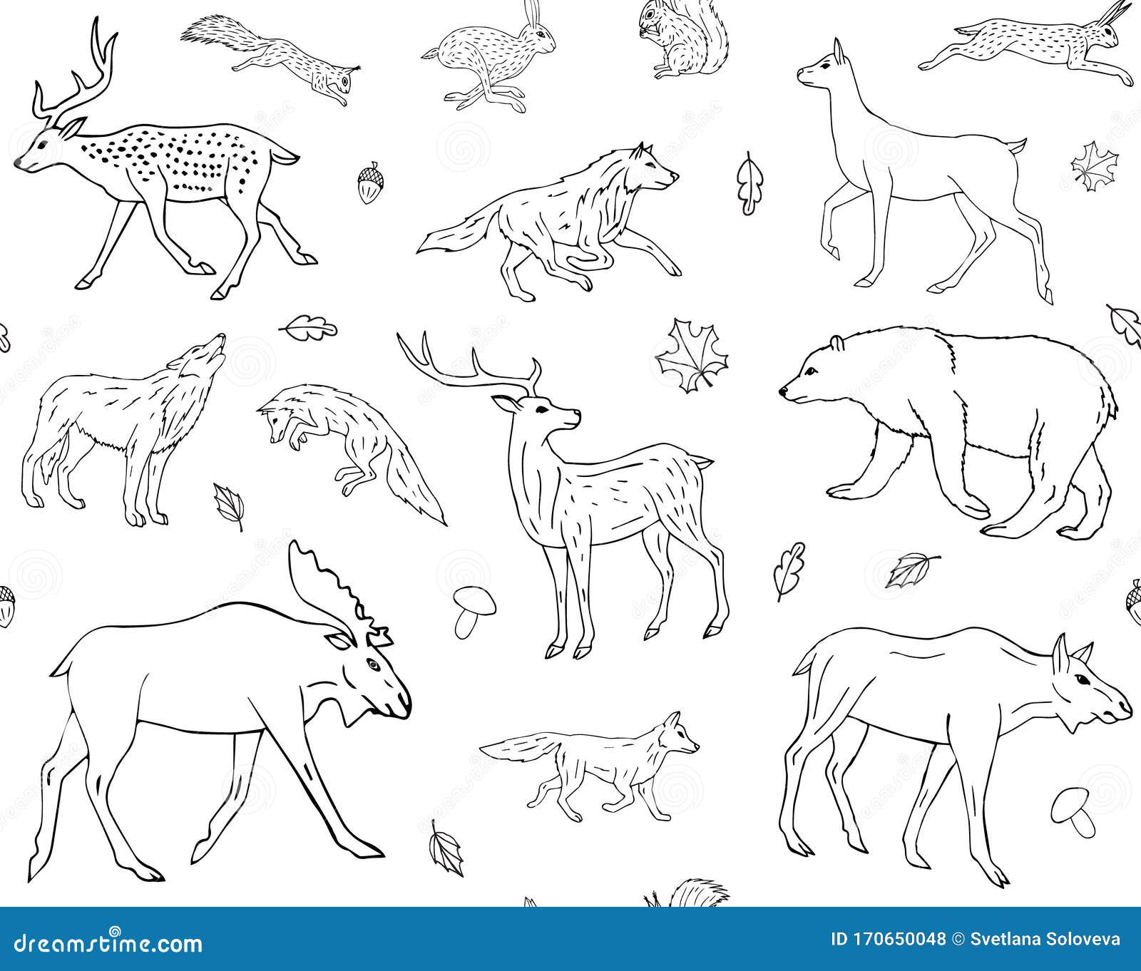 Vector Seamless Pattern of Hand Draw Forest Animal Stock Illustration ...
