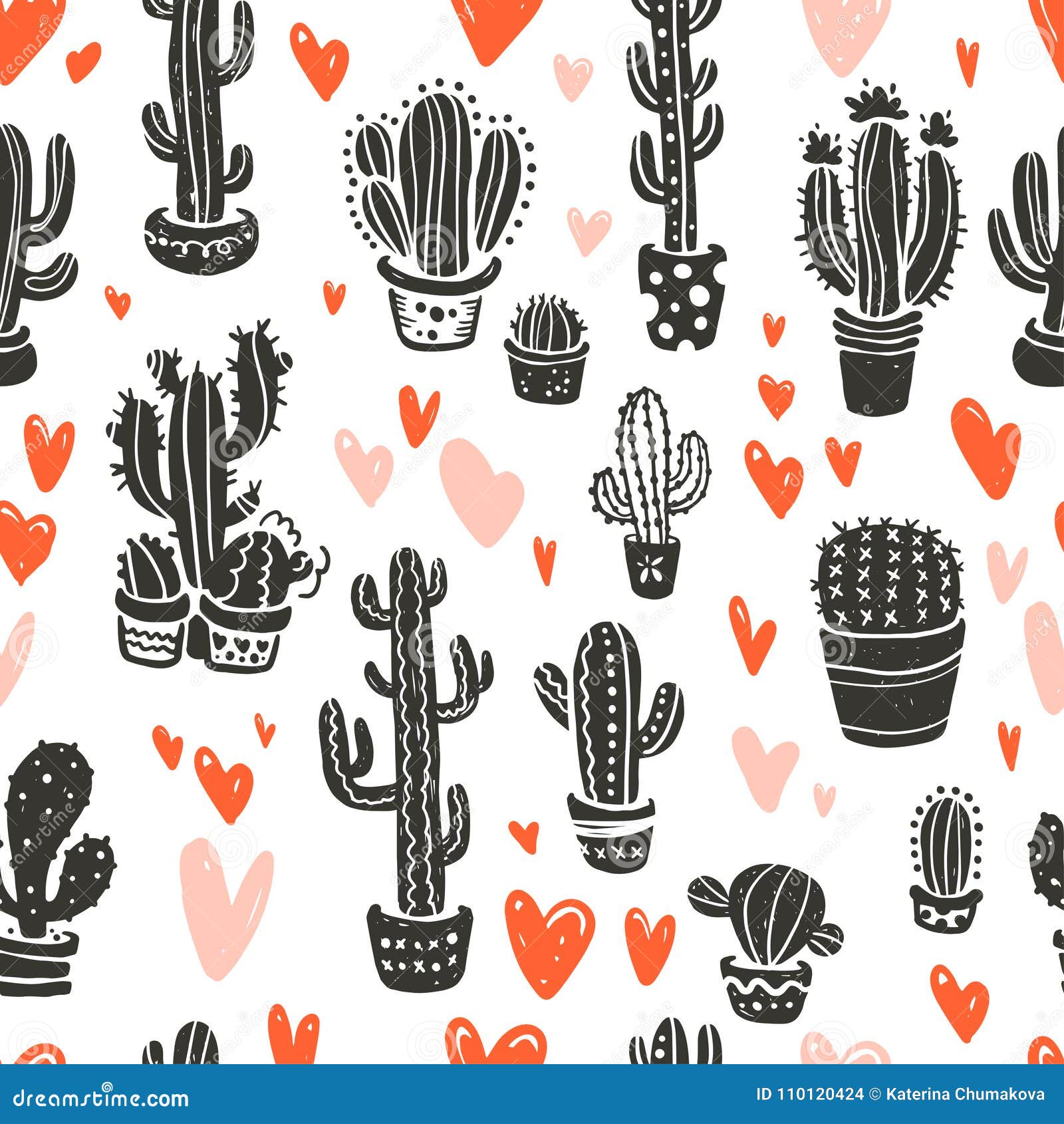 Vector Seamless Pattern with Hand Drawn Cactus Elements & Hearts ...