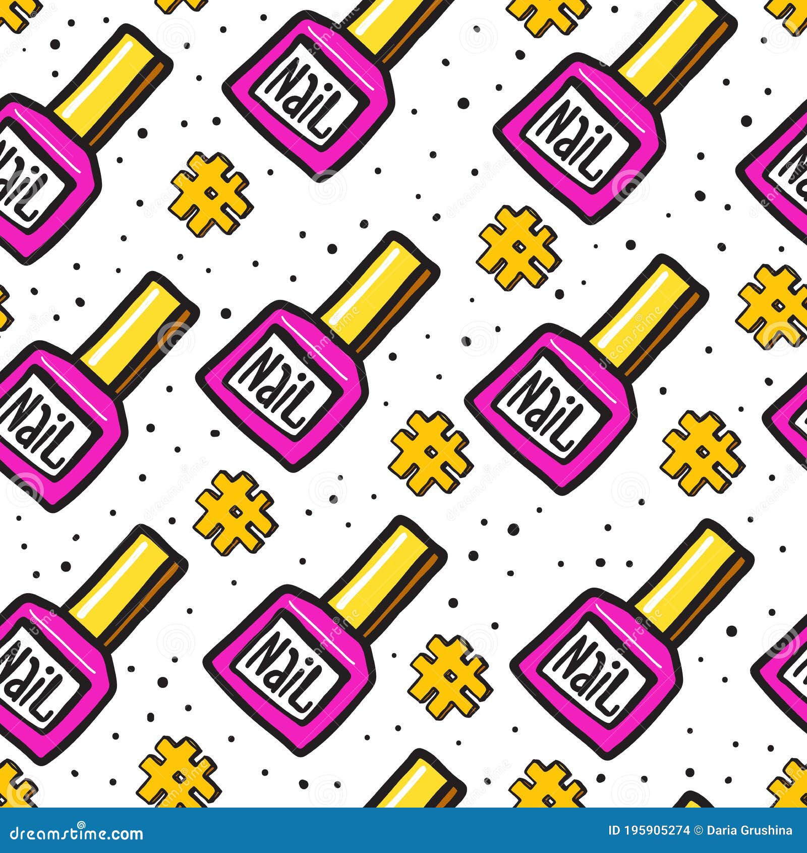 Vector Seamless Pattern with Hand Drawn Nail Polish and Hashtags in