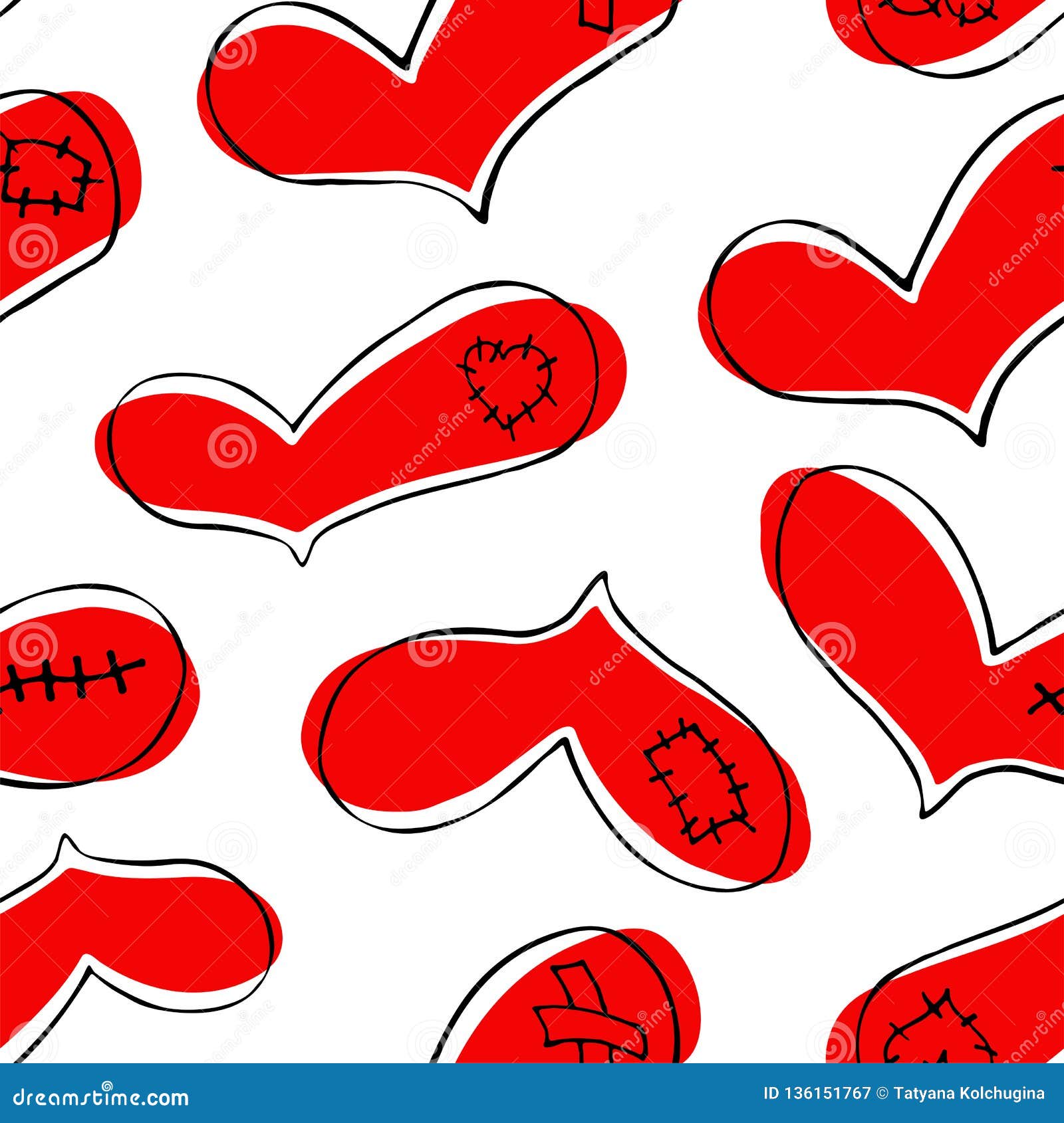 Hand drawn seamless pattern with red hearts on - Stock