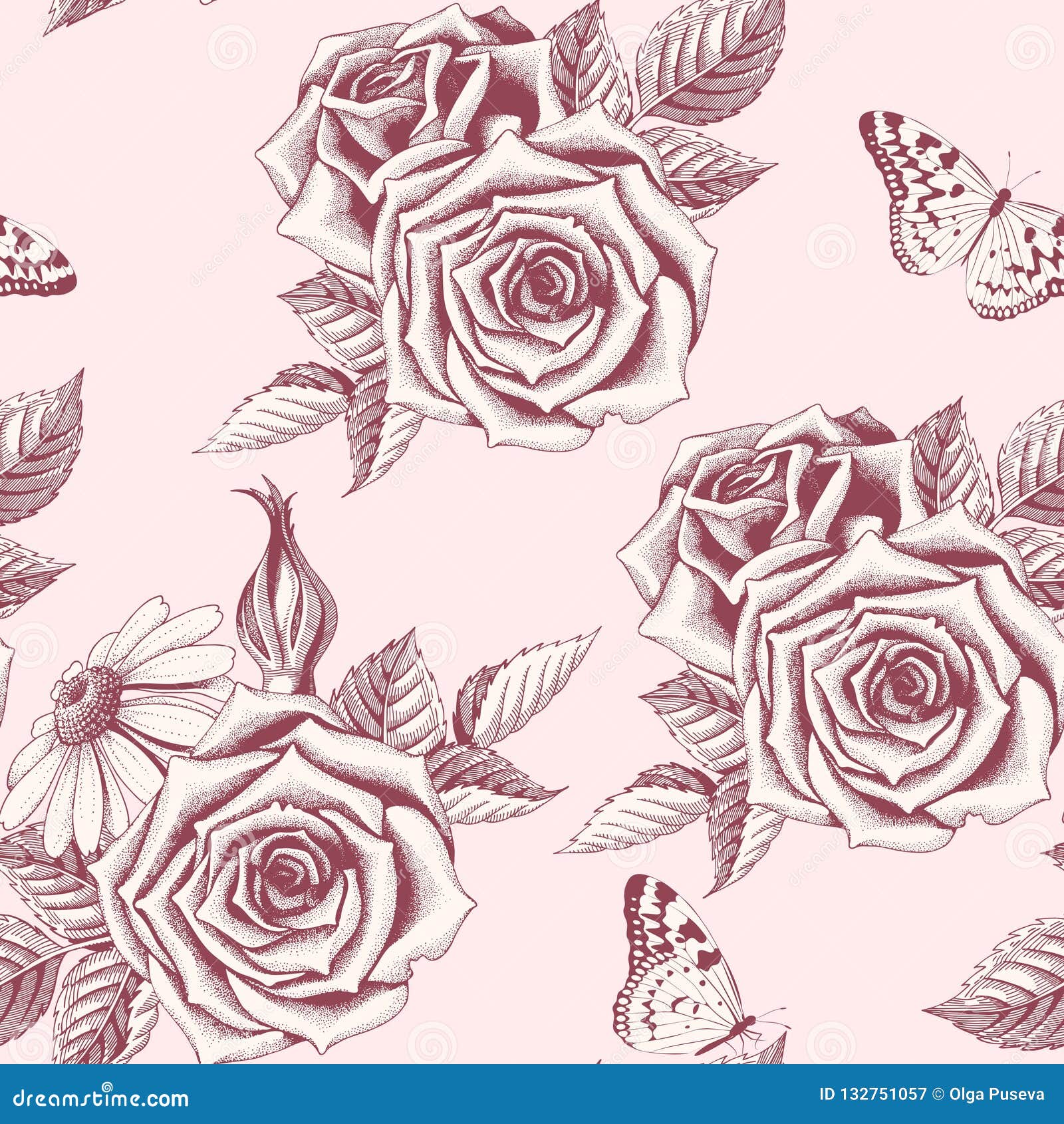 Vector Seamless Pattern with Hand Drawn Roses Stock Vector