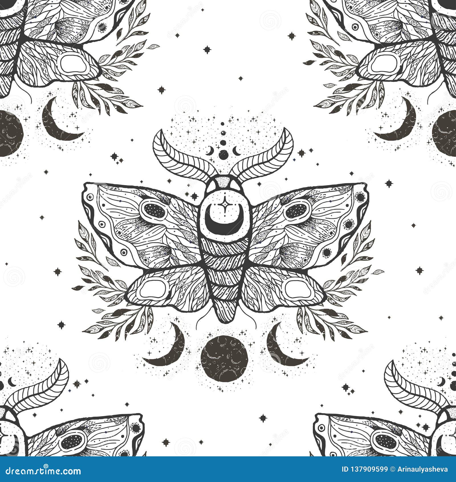 seamless pattern with moth butterfly.hand-draw .  tattoo art. with mystic and occult hand drawn s