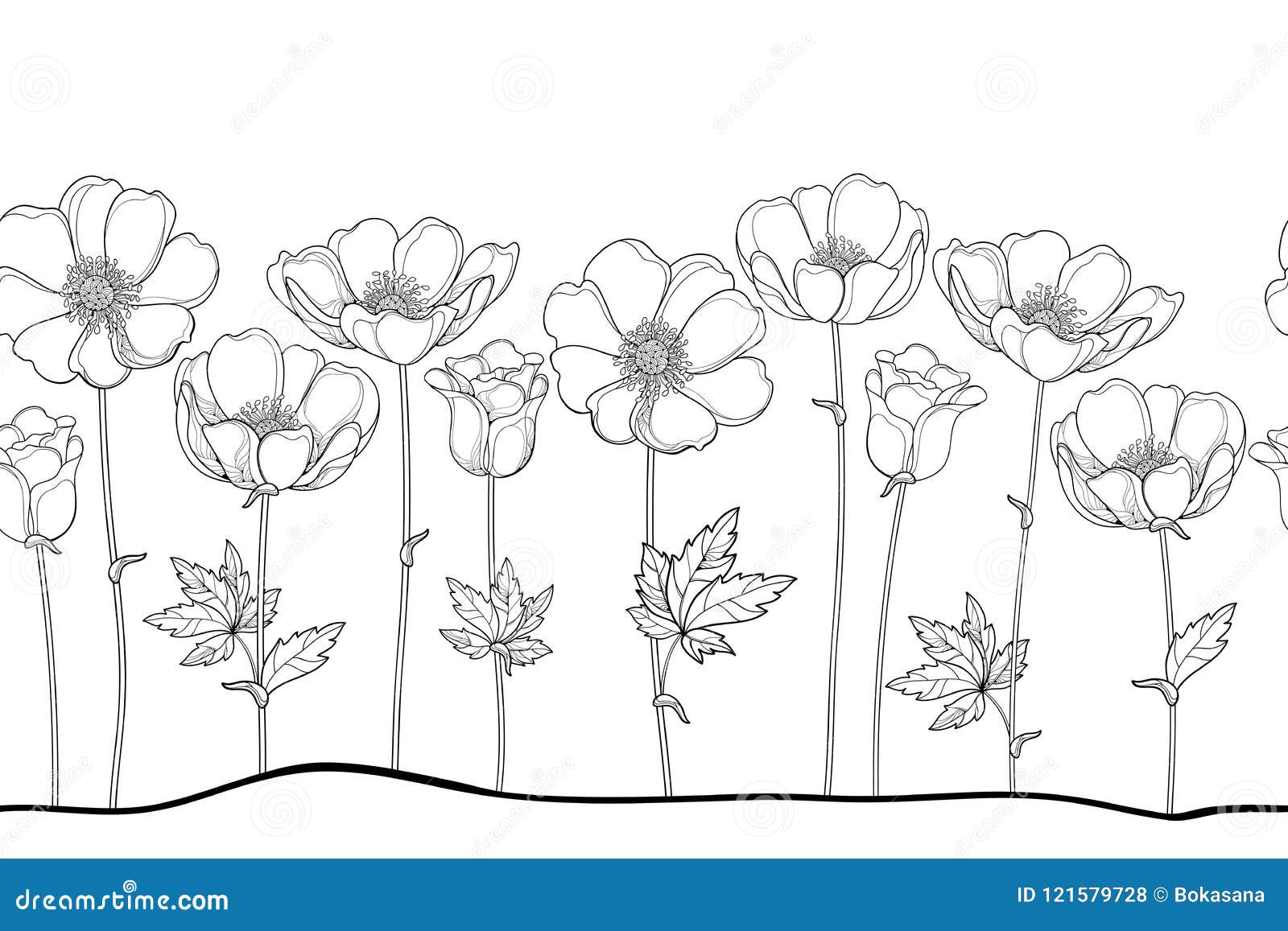  seamless pattern of outline anemone or windflower, bud and leaf in black on the white background. horizontal border.