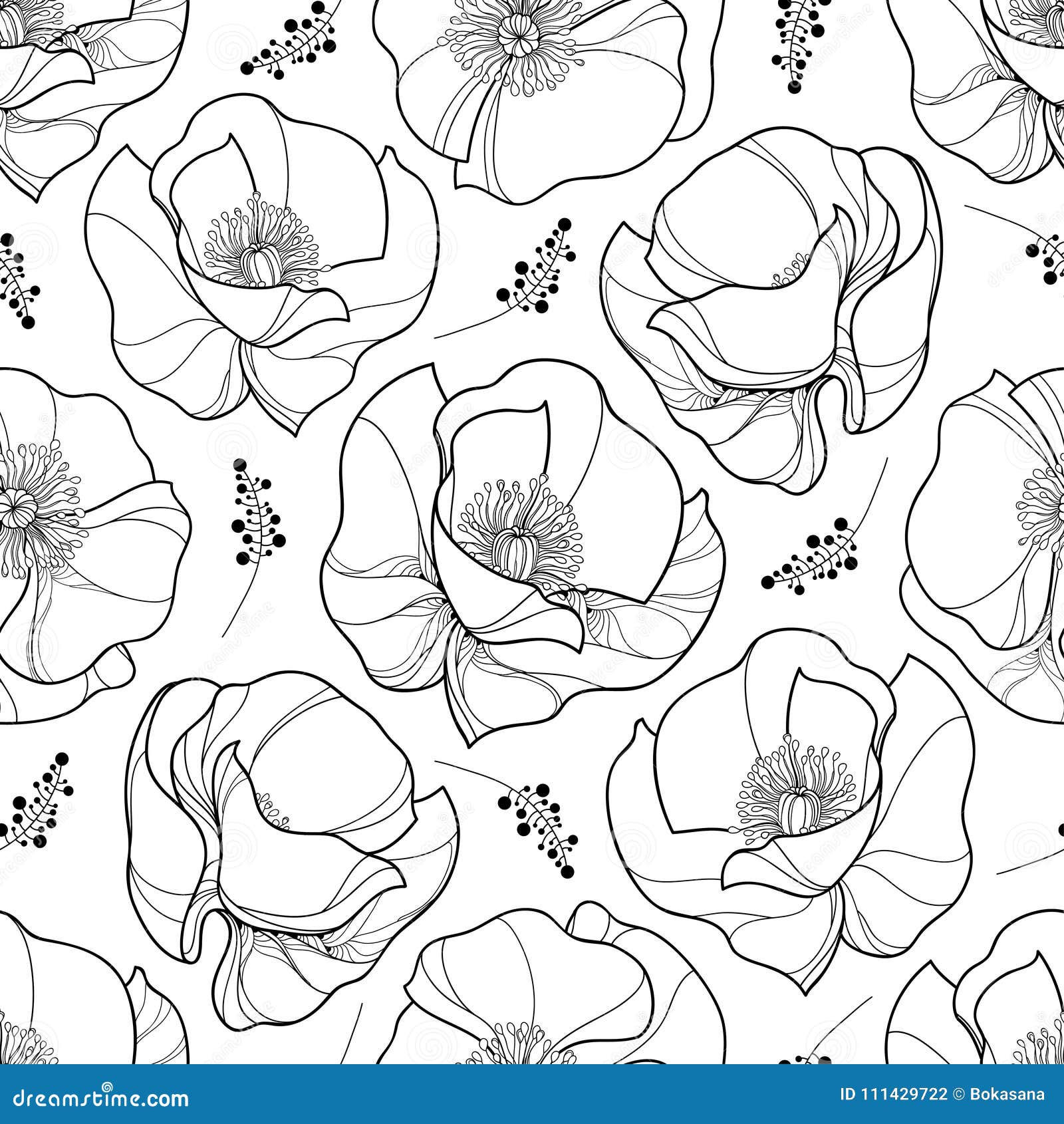 Vector Seamless Pattern with Outline Poppy Flower in Black on the White ...