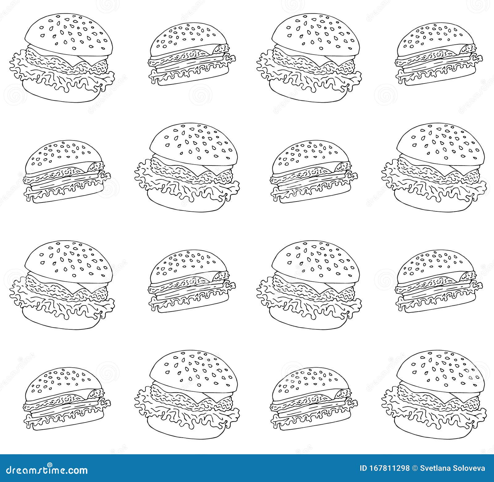 Vector Seamless Pattern Of Outline Sketch Burger Stock Illustration