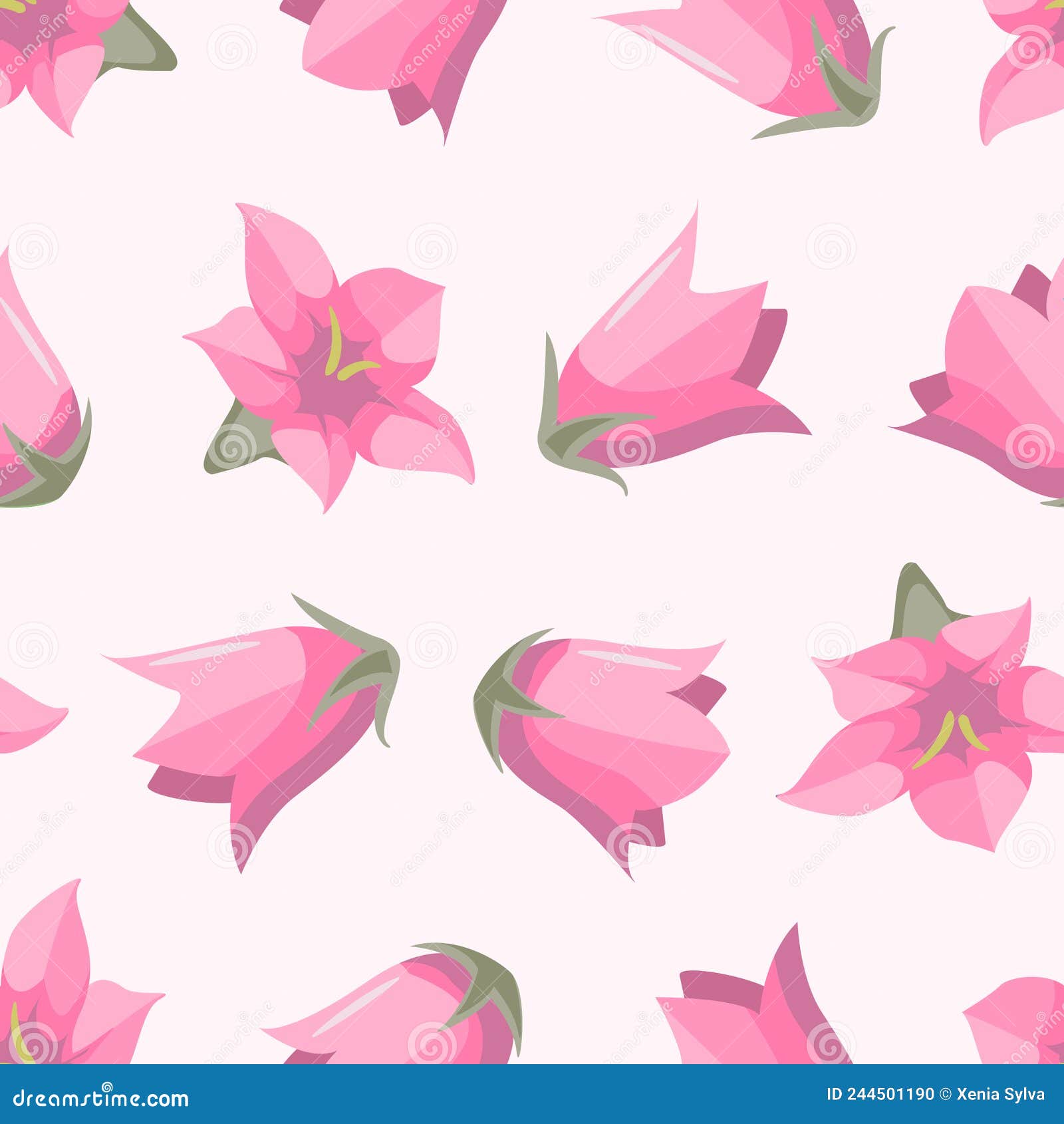  seamless pattern with pink campanulas buds.