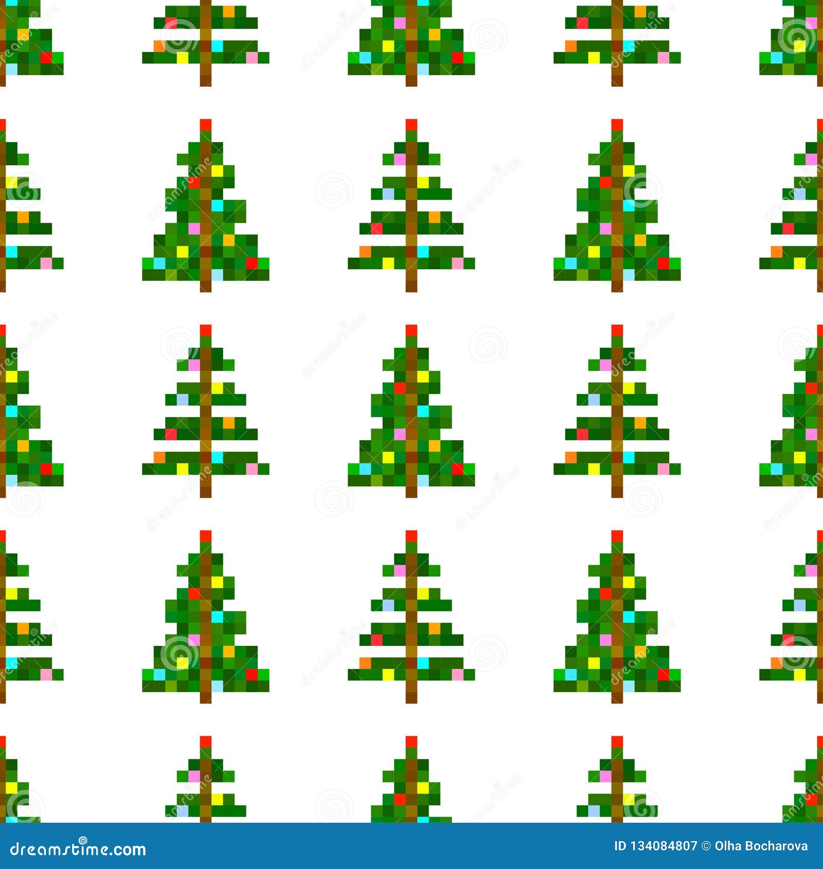 Vector Seamless Pattern Of Pixel Art Christmas Tree On