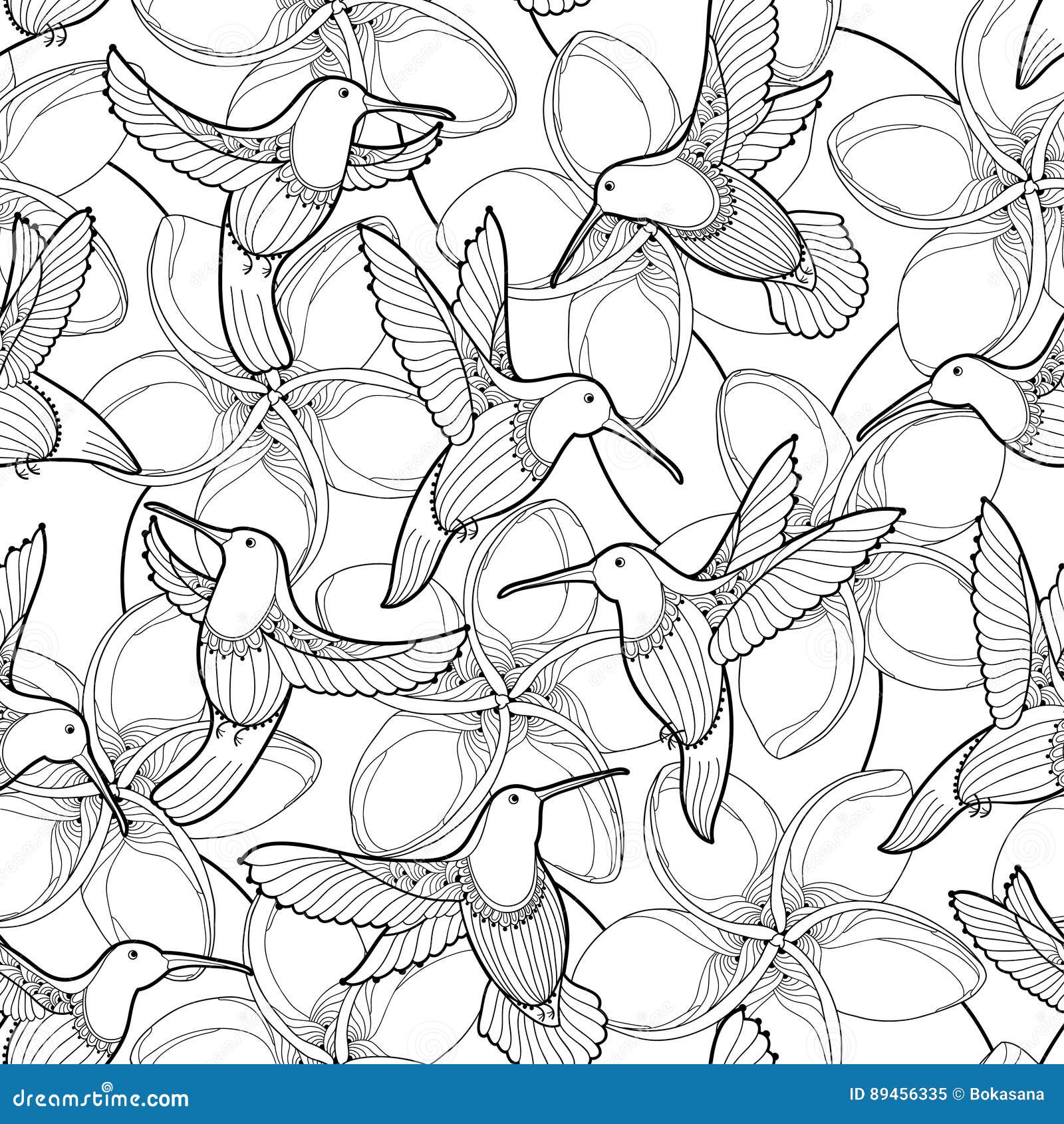  seamless pattern with plumeria flower and flying hummingbird or colibri in contour style on the white background.