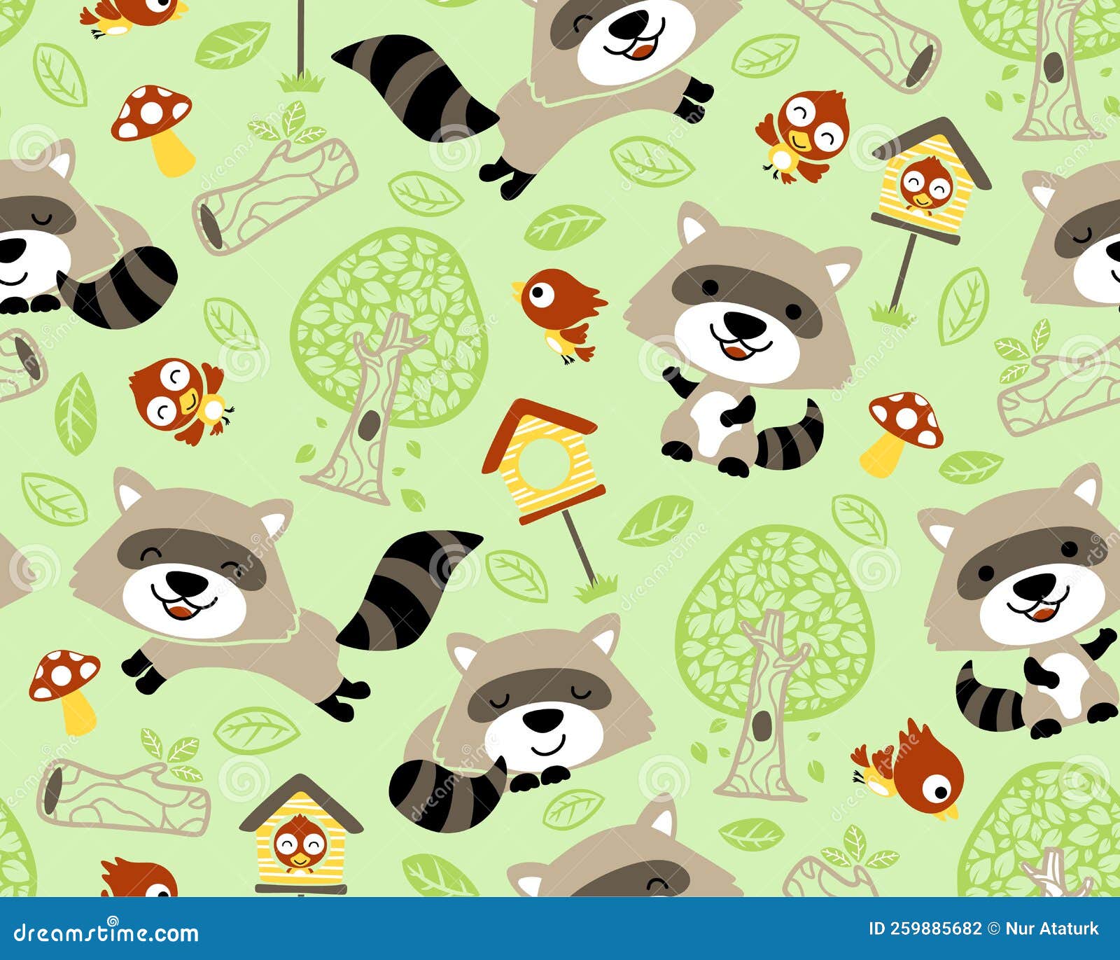 Vector of Seamless Pattern with Raccoon Cartoon and Birds, Trees and