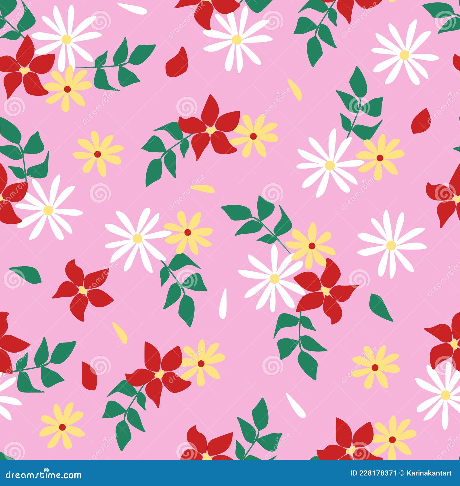 Vector Seamless Pattern with Red, Yellow and White Flowers on Pink