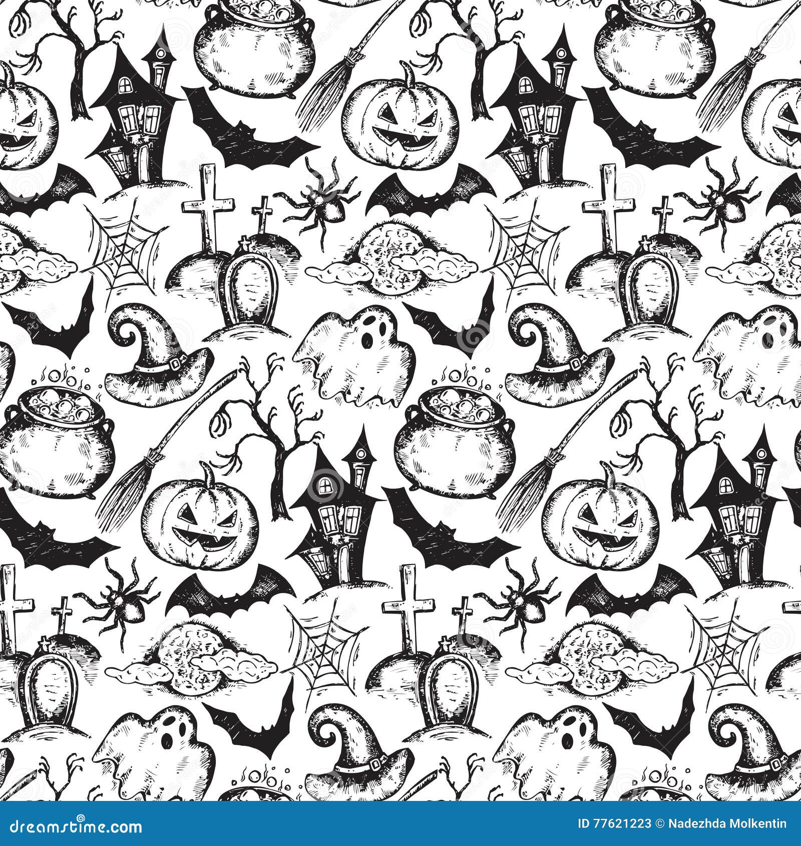 Vector Seamless Pattern with Sketch Halloween Characters Stock Vector