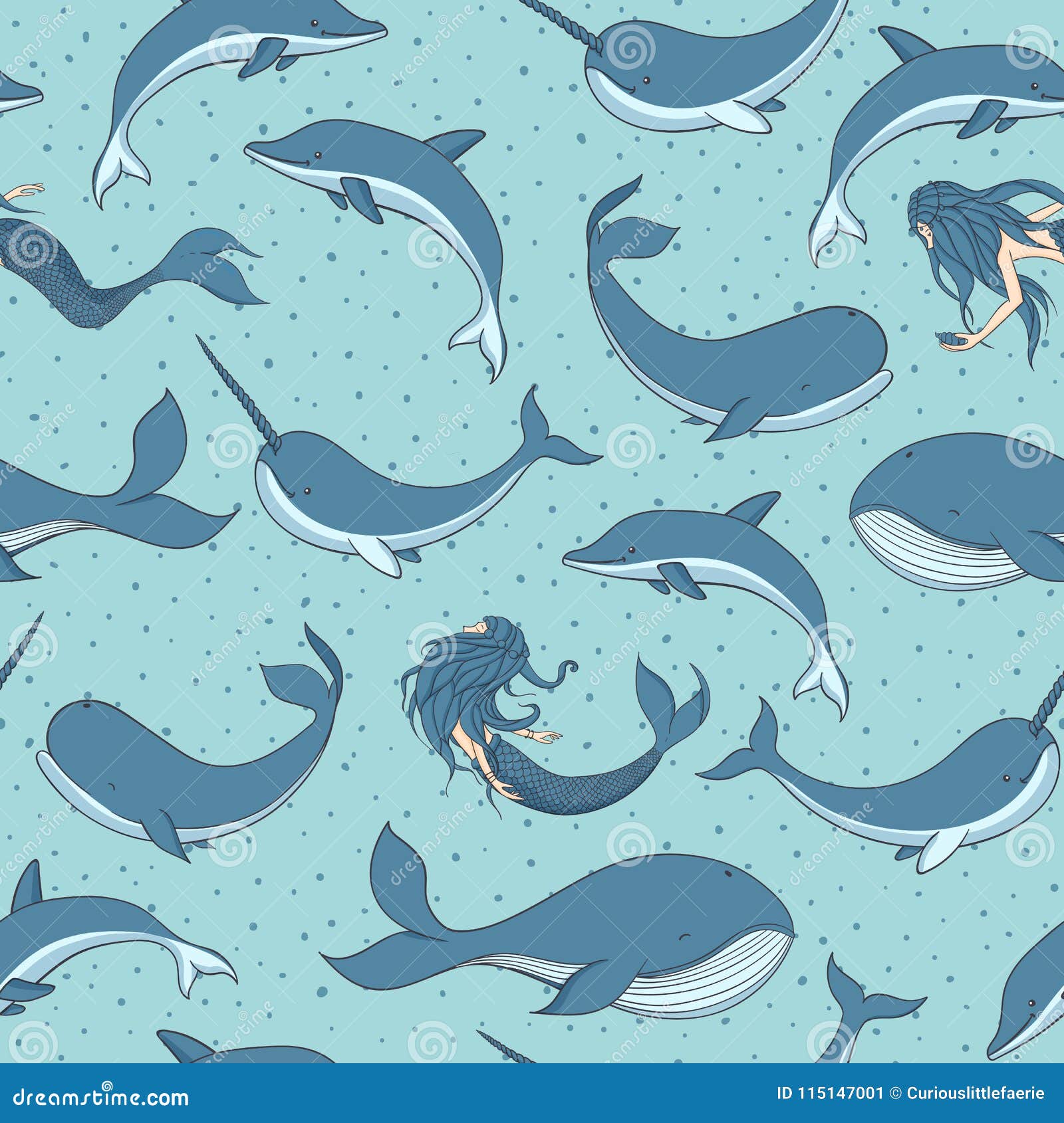  seamless pattern with whales, mermaids, narwhals and dolphins on the dotted blue background. sea creatures, sirens and mar