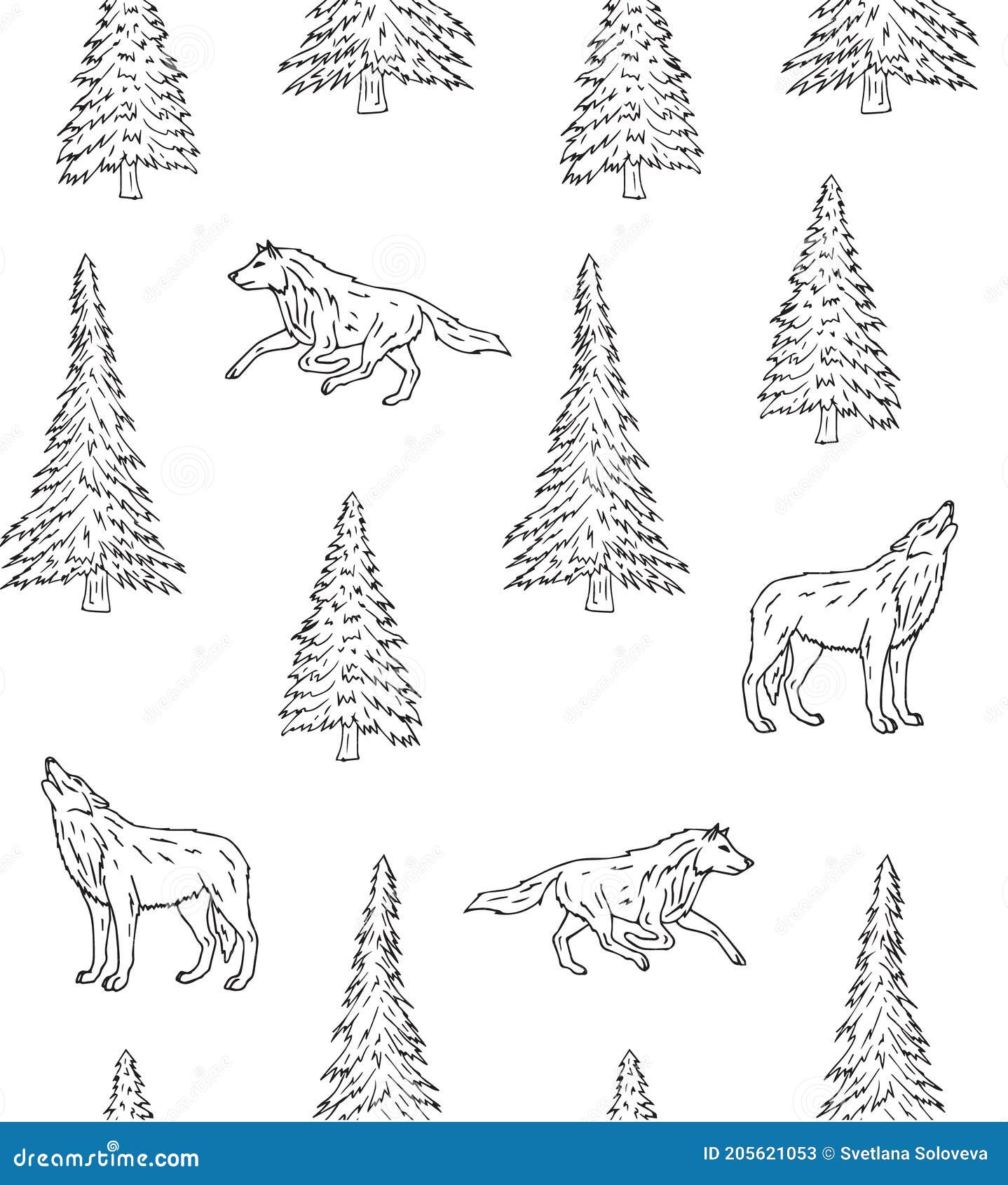 Vector Seamless Pattern of Wolf and Spruce Tree Stock Vector ...
